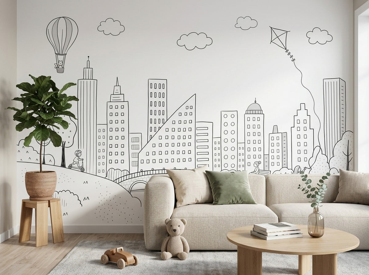Hot Air Balloon Wallpaper Skyline Removable Cityscape Wall Decor