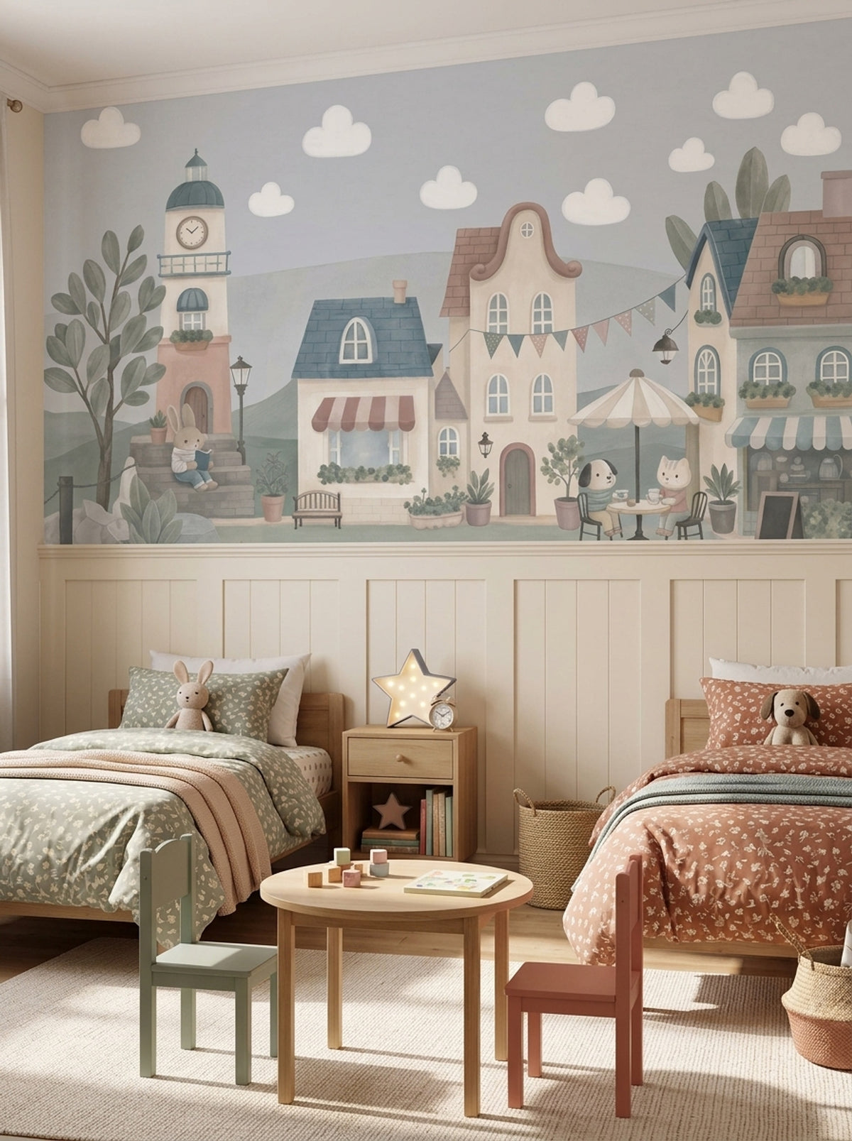Whimsical Village Wallpaper Storybook Landscape Clock Tower Removable Wall Decor