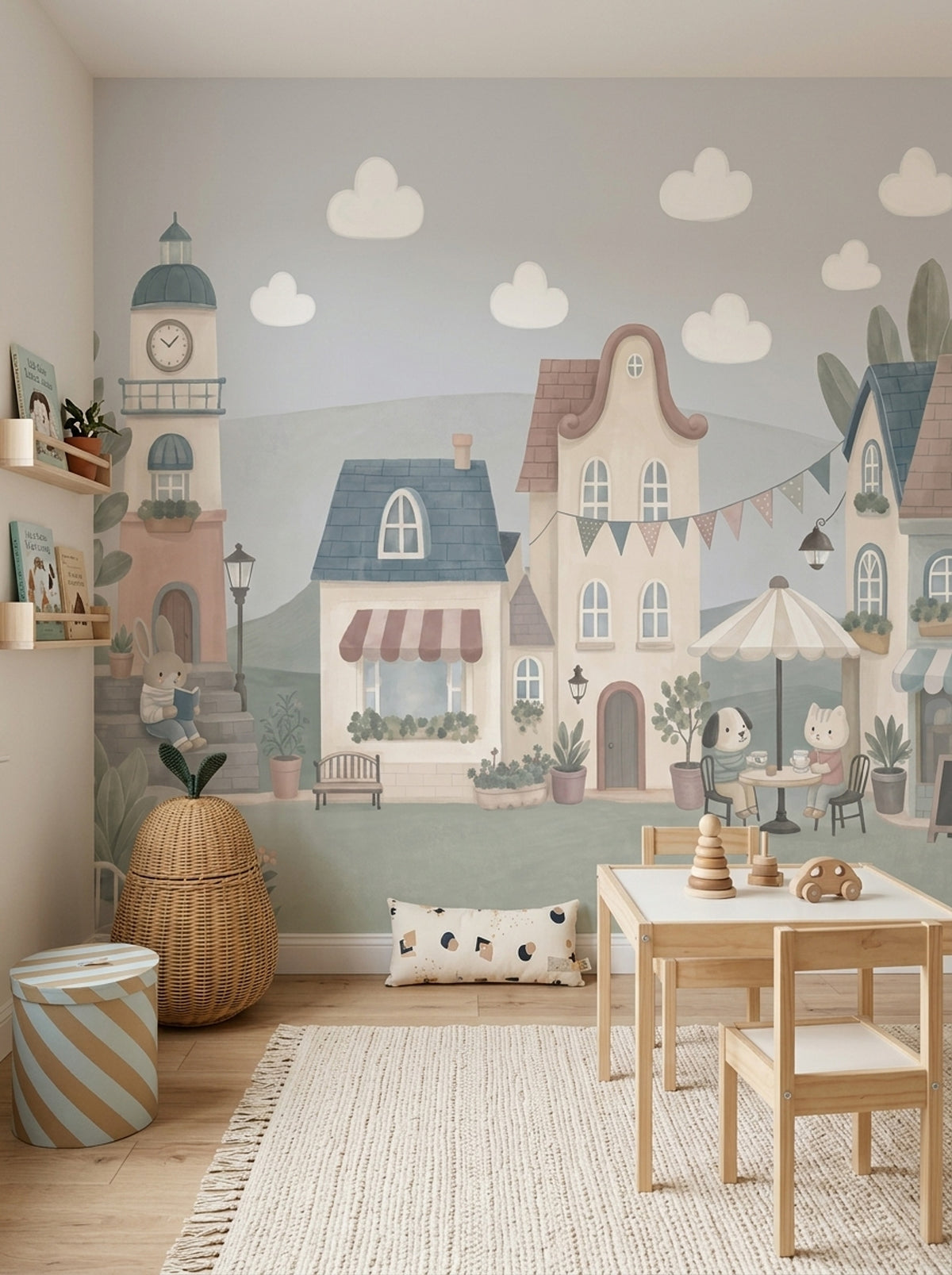 Whimsical Village Wallpaper Storybook Landscape Clock Tower Removable Wall Decor