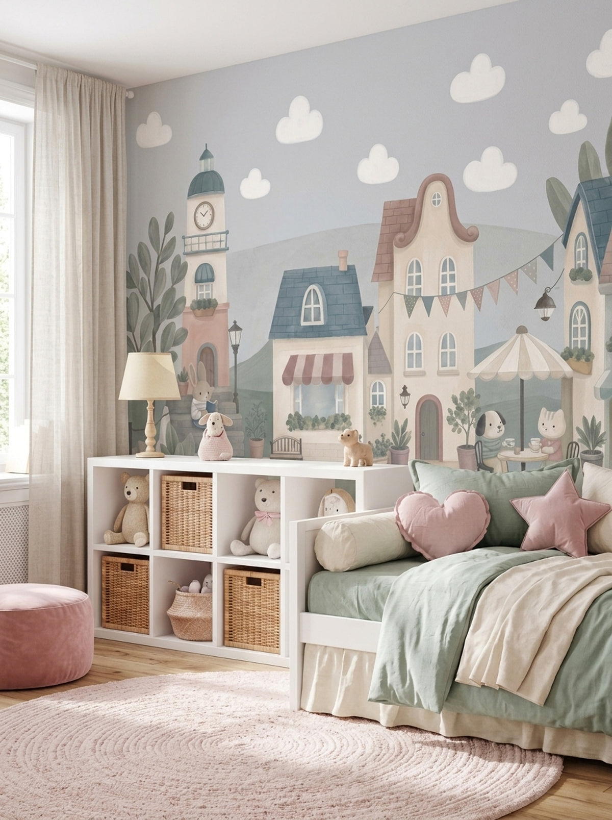 Whimsical Village Wallpaper Storybook Landscape Clock Tower Removable Wall Decor