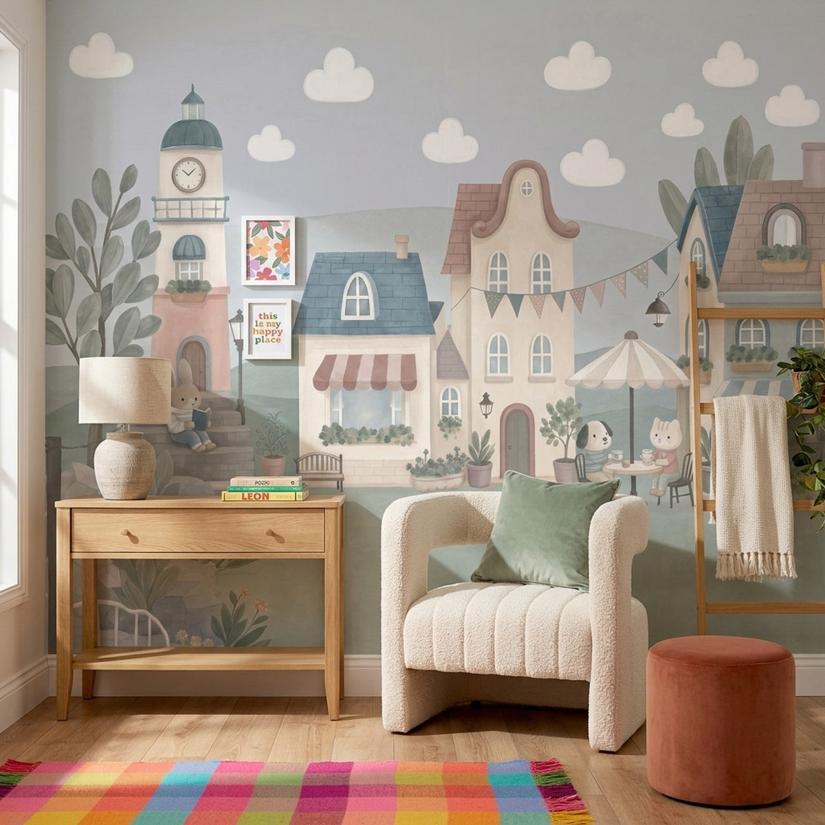 Whimsical Village Wallpaper Storybook Landscape Clock Tower Removable Wall Decor
