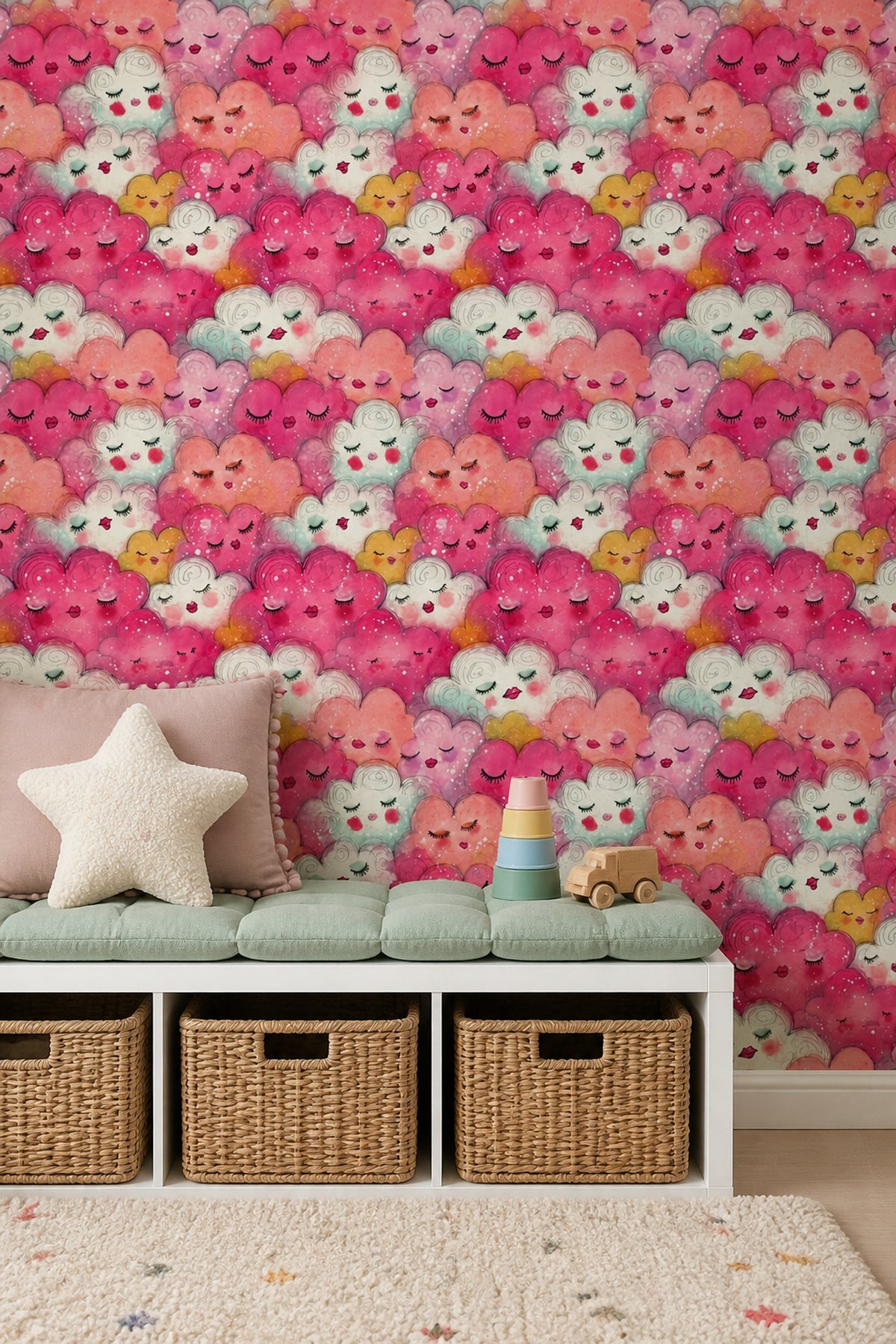 Whimsical Clouds Wallpaper Sleeping Faces Watercolor Removable Wall Decor
