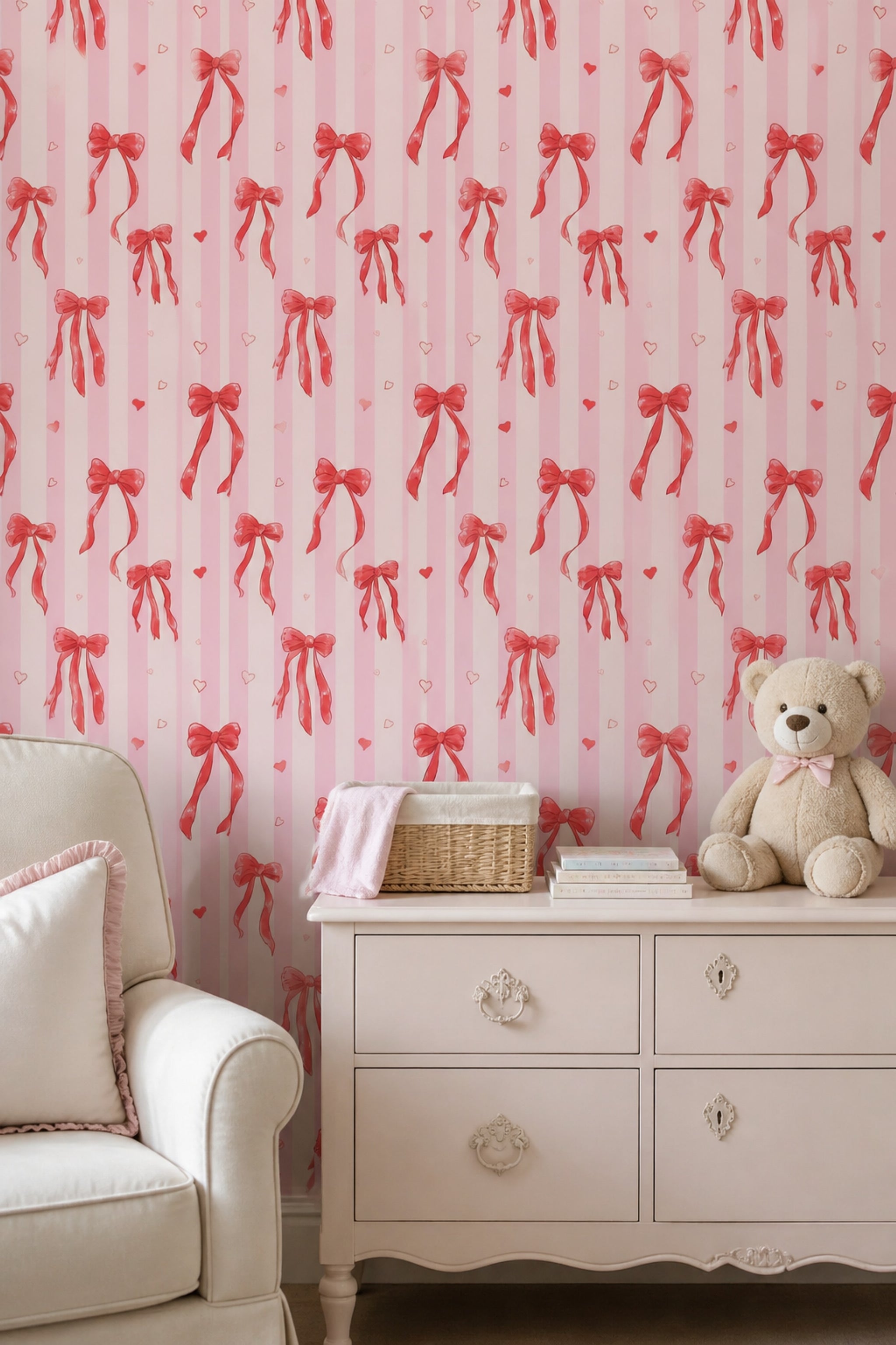 Pink Stripes Wallpaper Ribbon Bows Hearts Removable Wall Decor