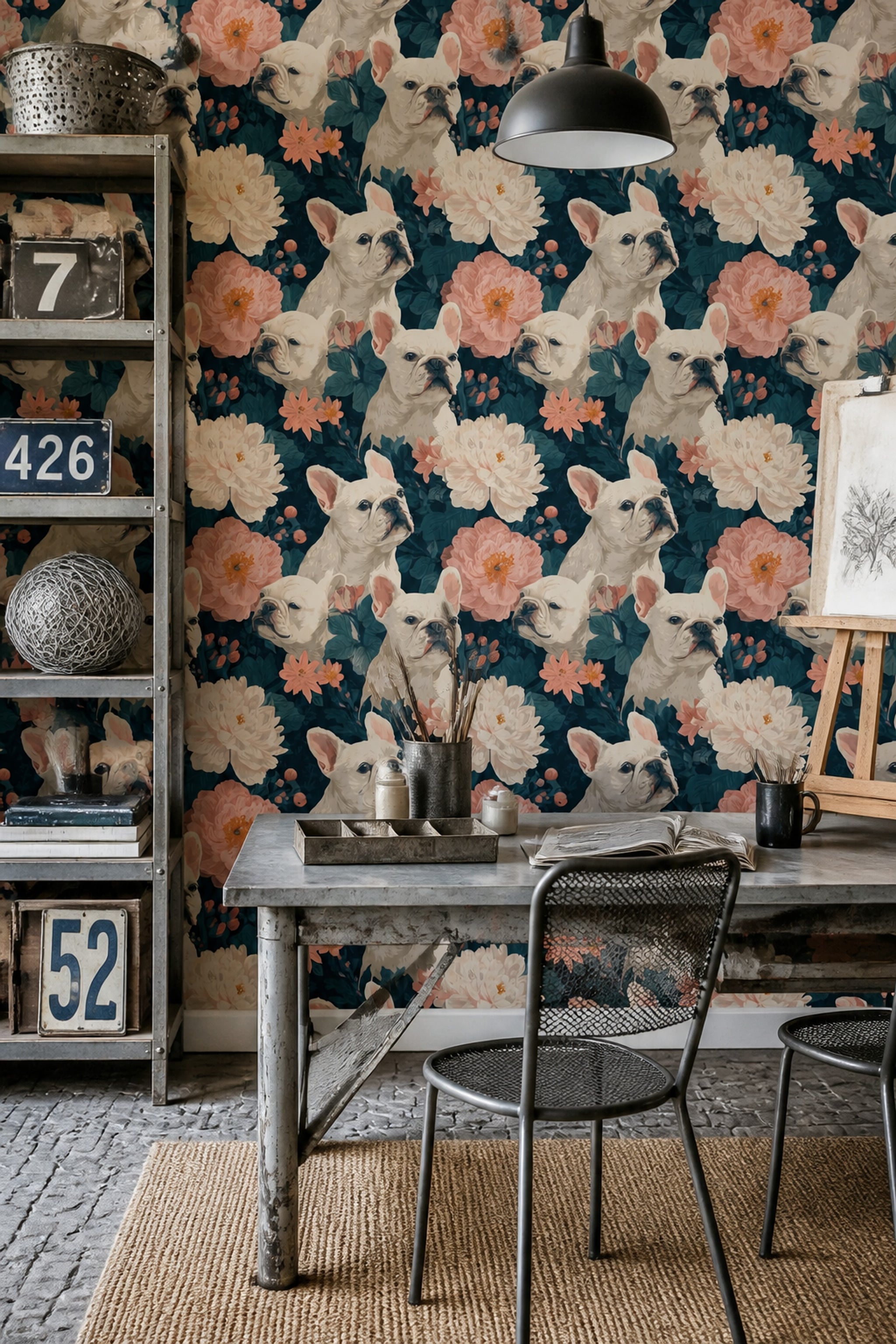 French Bulldog Wallpaper Floral Botanical Decorative Mural