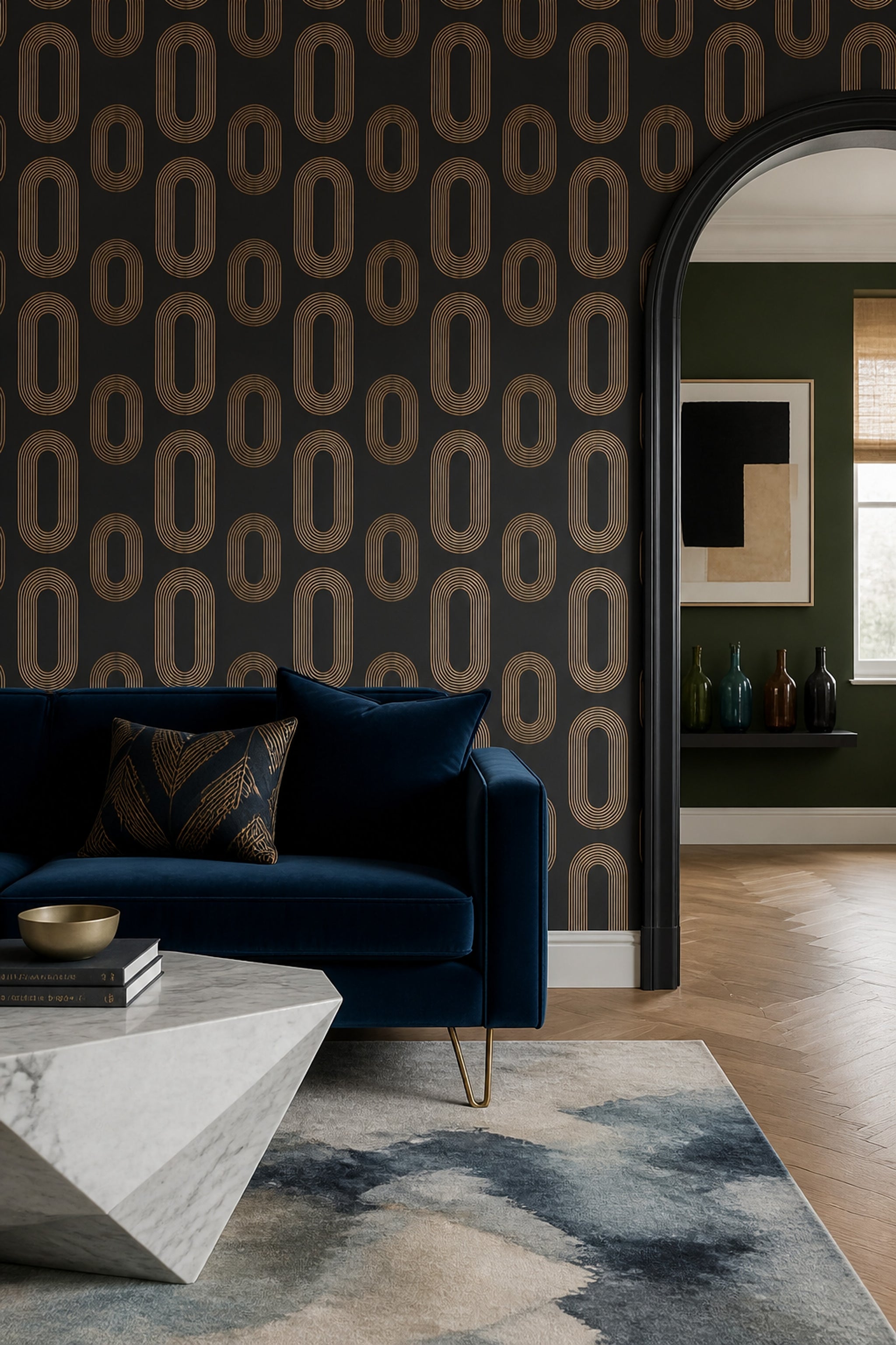 Dark Geometric Wallpaper Black Background Removable Gold Linework Wall Double Roll