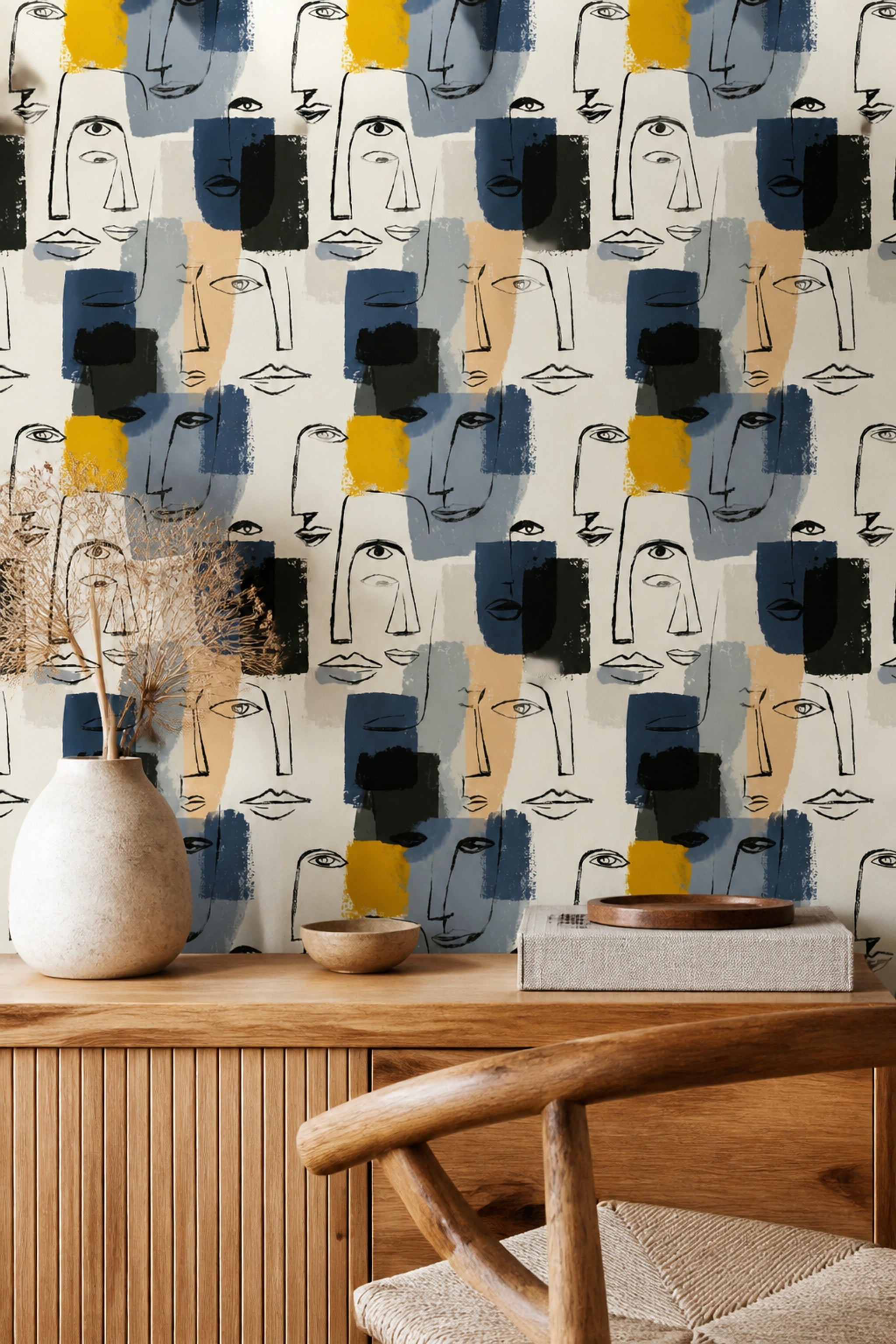 Abstract Faces Wallpaper Line Art Removable Modern Portrait Wall Double Roll