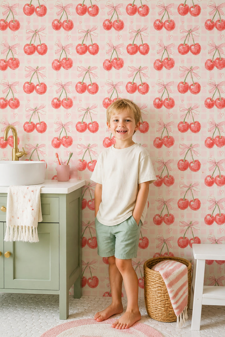 Cherries Wallpaper Pink Gingham Decorative Mural