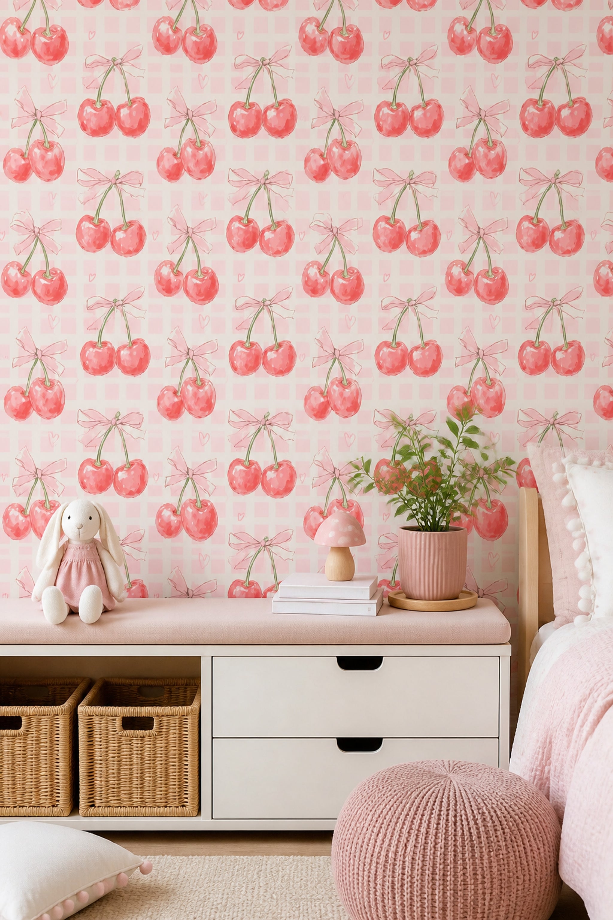 Cherries Wallpaper Pink Gingham Decorative Mural
