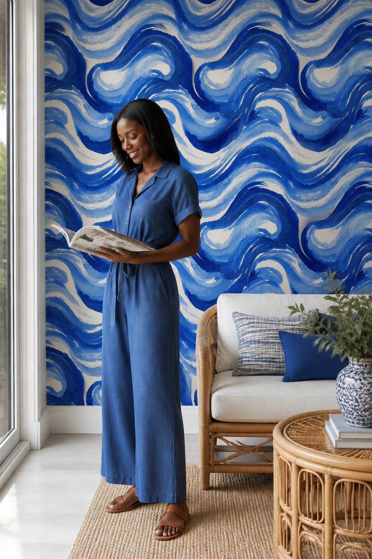 Blue Abstract Wallpaper Watercolor Swirls Decorative Mural