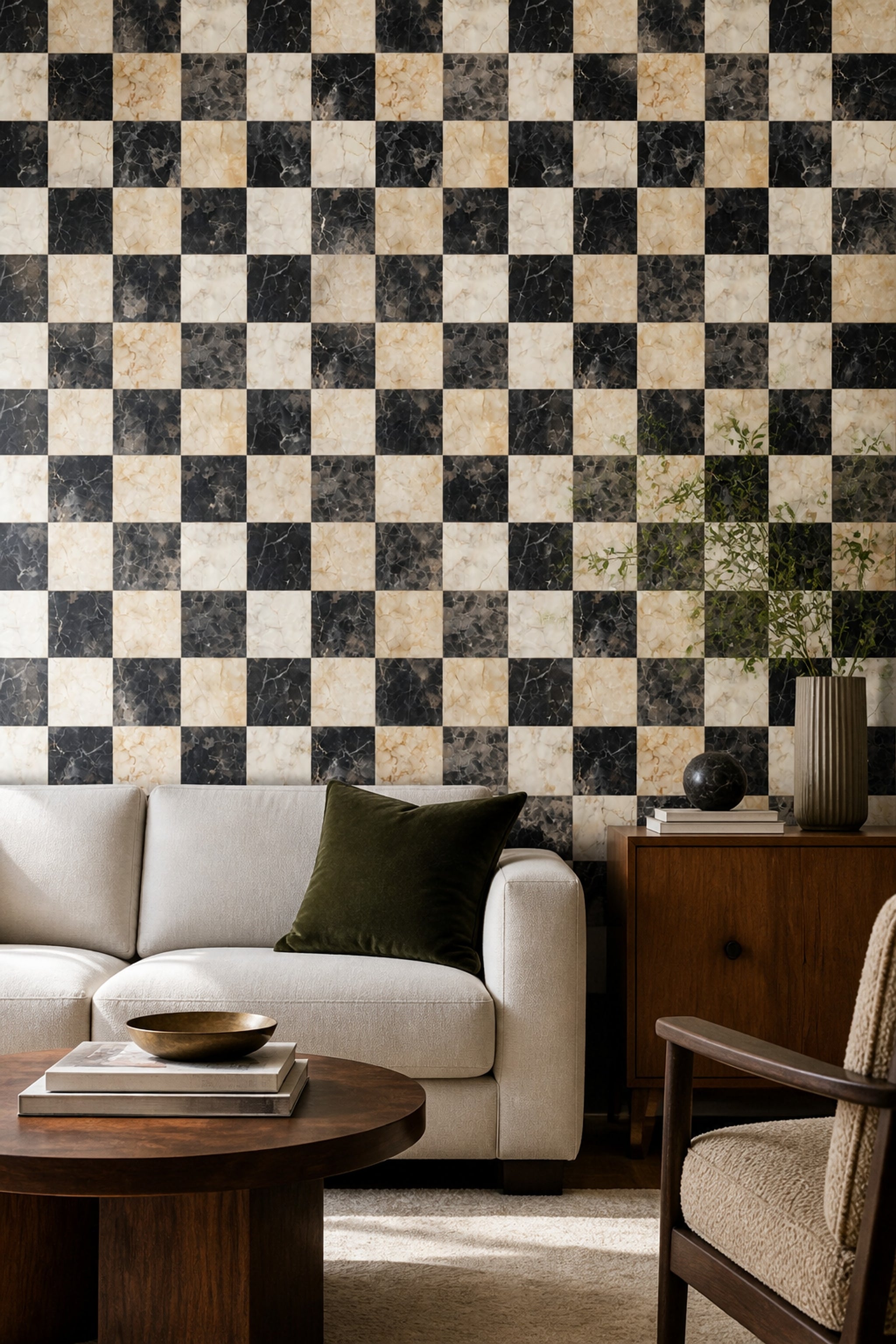 Dark Marble Wallpaper Checkerboard Gold Veining Removable Wall Decor