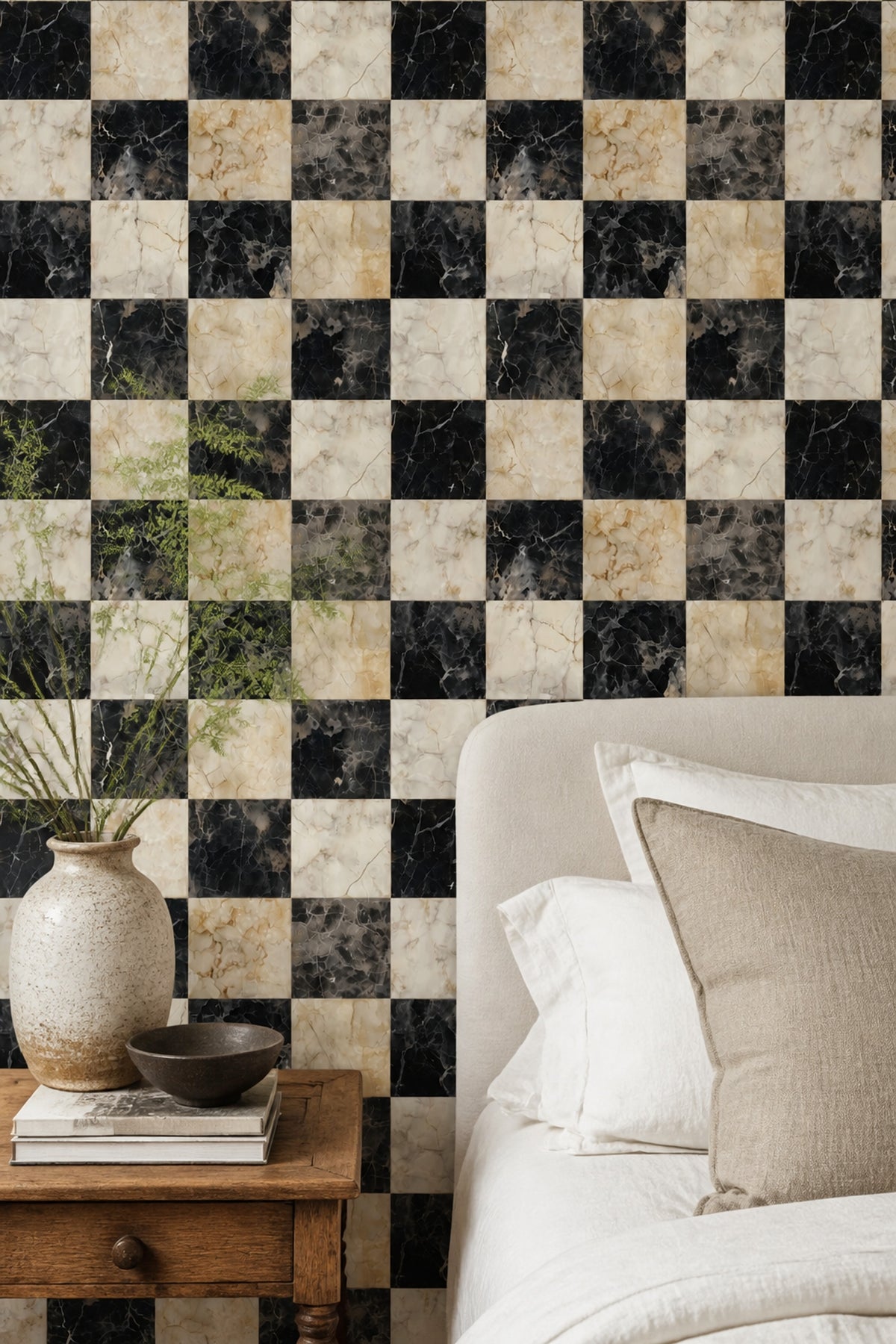 Dark Marble Wallpaper Checkerboard Gold Veining Removable Wall Decor