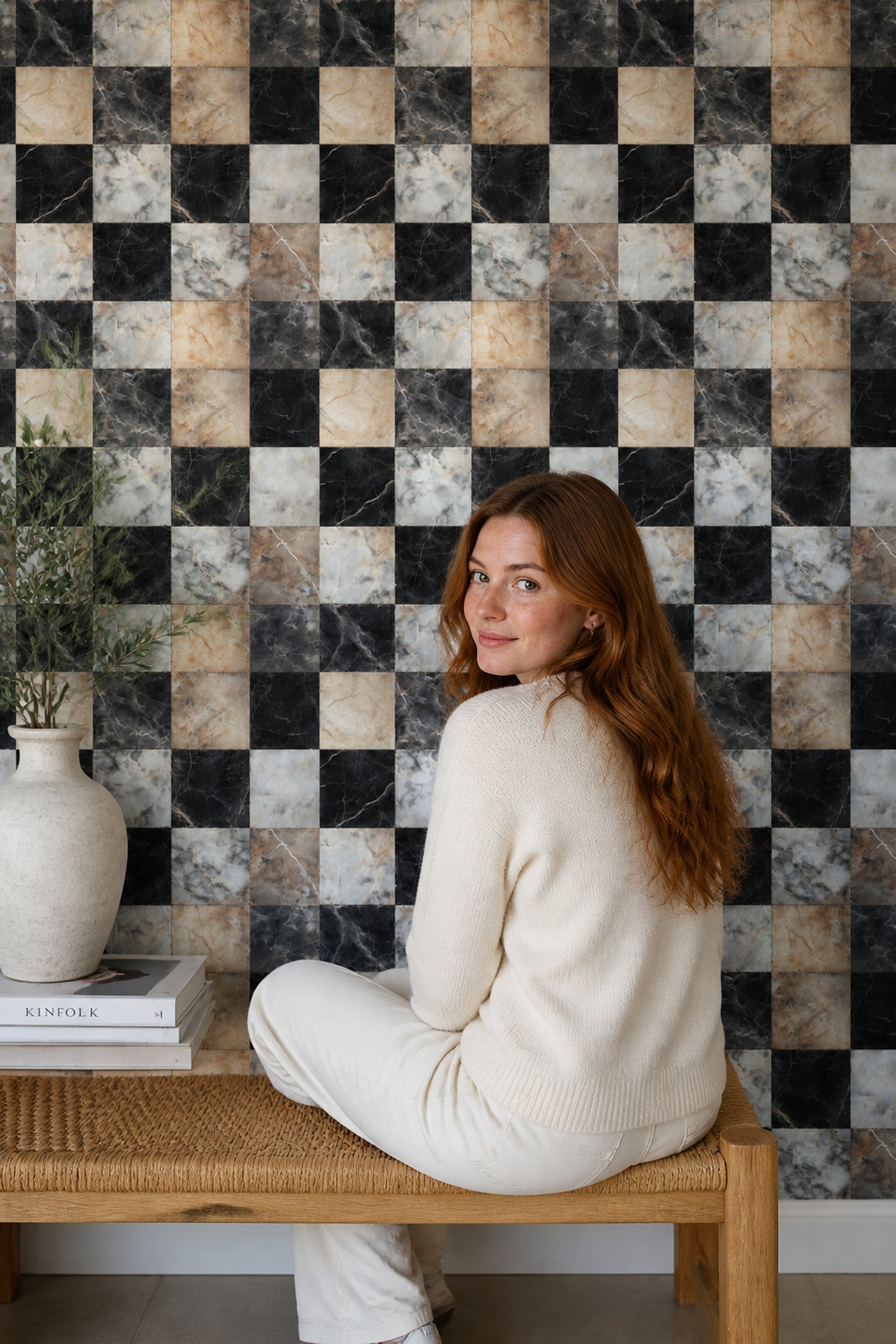 Black Marble Wallpaper Checkered Geometric Decorative Mural
