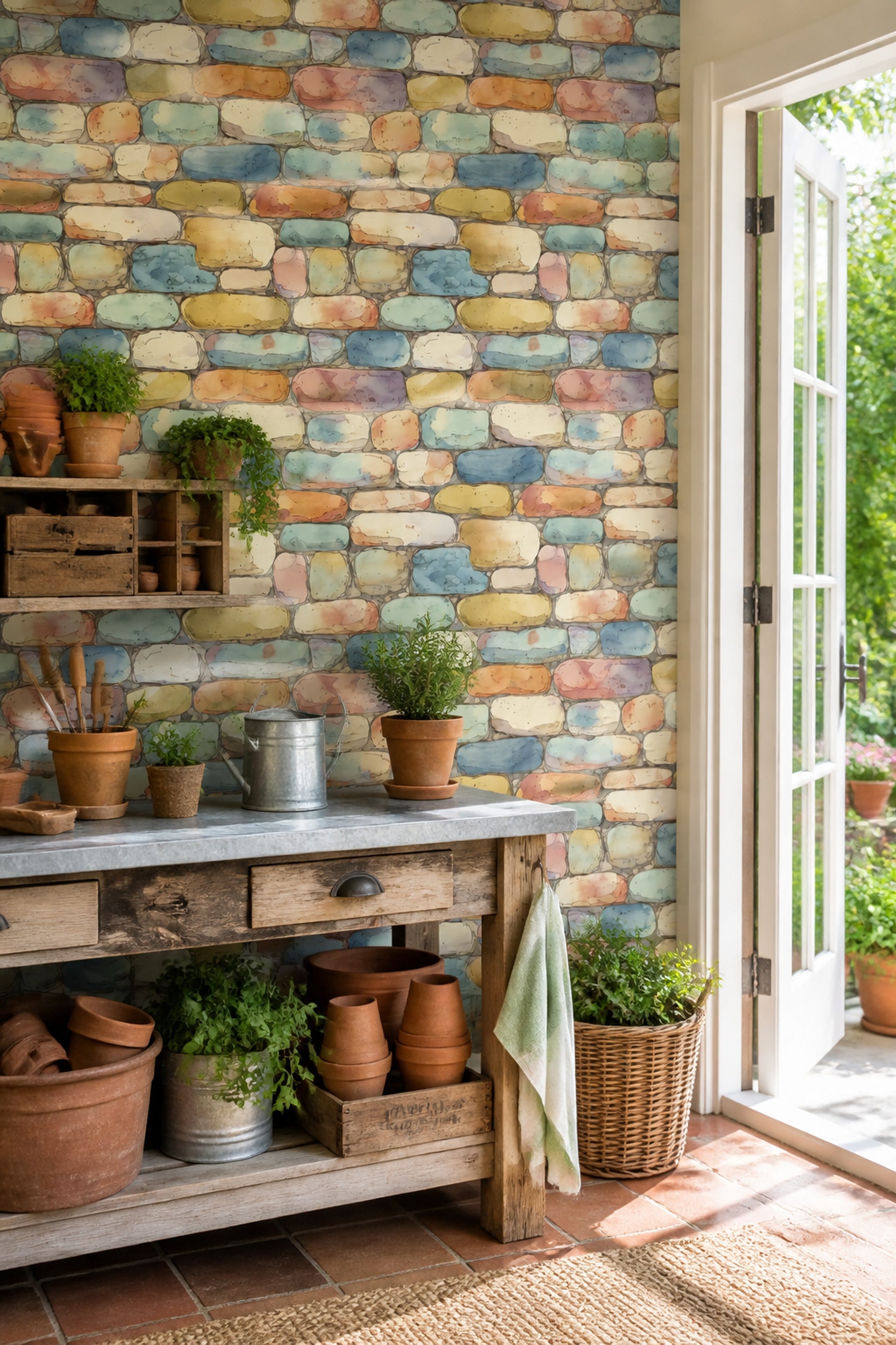 Stone Wall Wallpaper Pastel Watercolor Removable Wall Decor