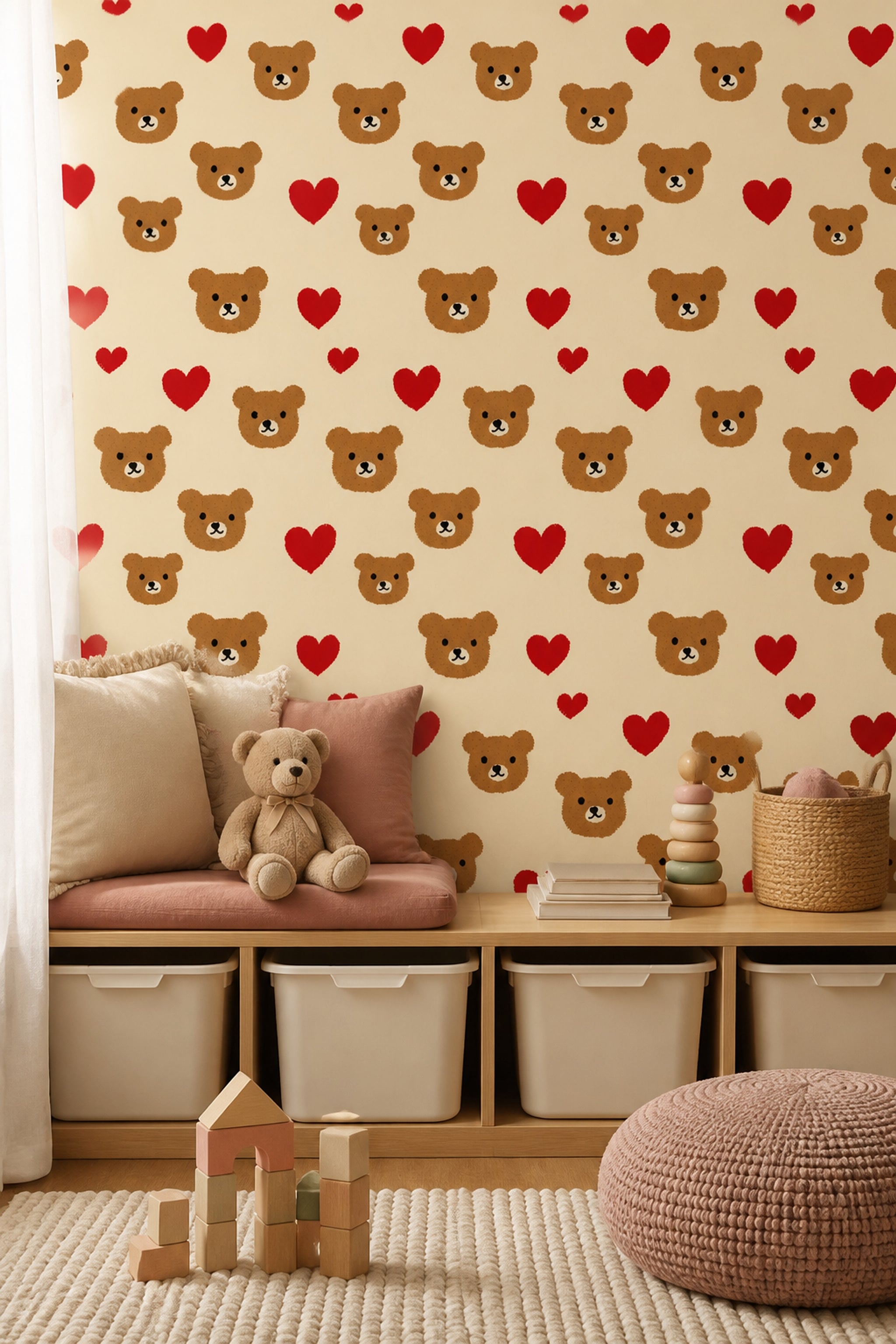 Teddy Bears Wallpaper Red Hearts Cute Decorative Mural