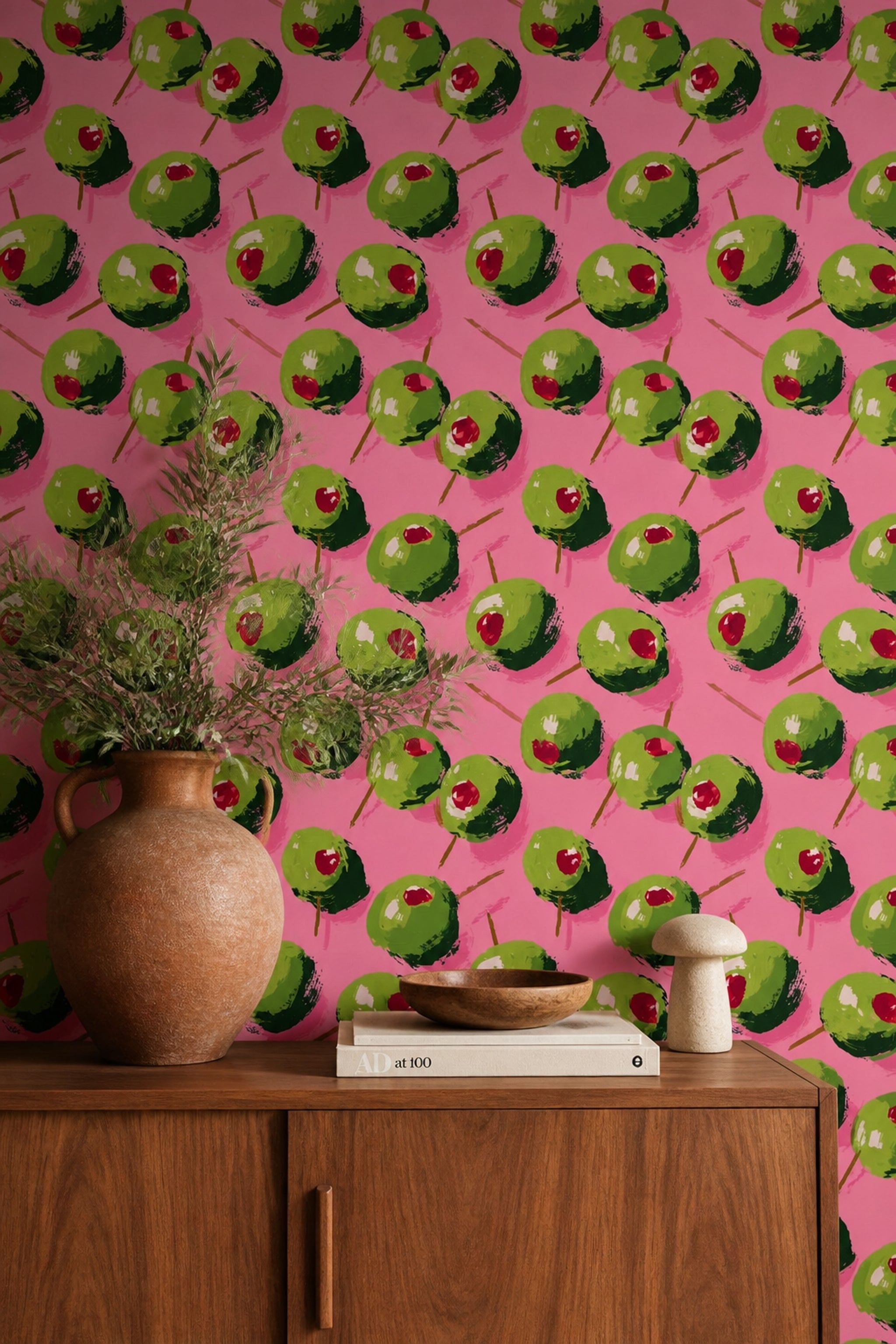 Painted Olives Wallpaper Pink Background Pop Art Decorative Mural