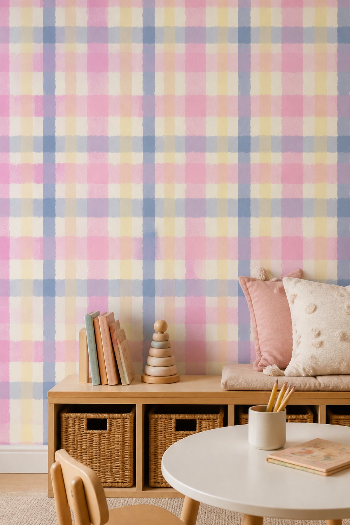 Gingham Pink Wallpaper Pastel Check Watercolor Removable Wall Decor