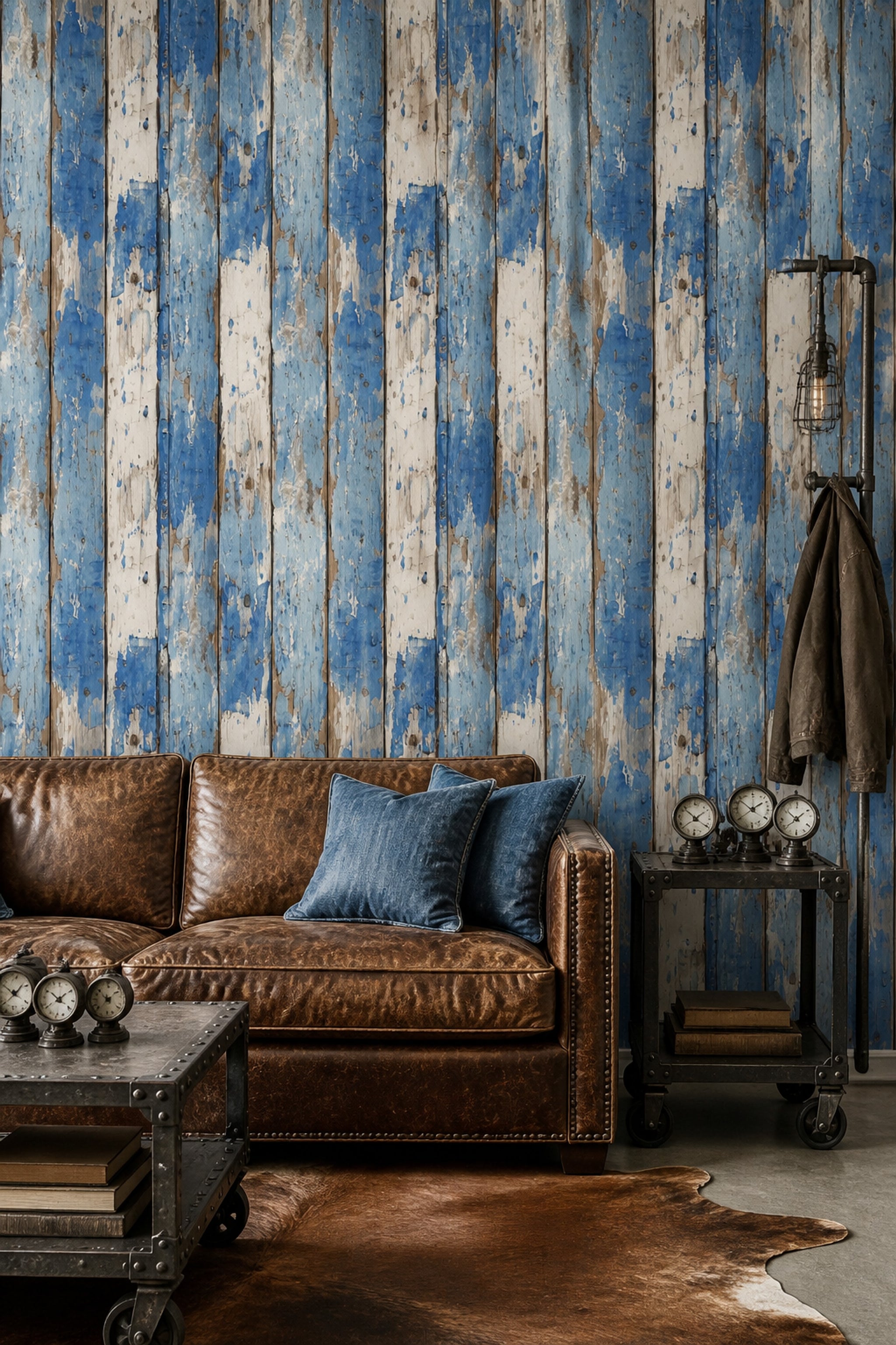 Weathered Wood Wallpaper Peeling Paint Blue Planks Decorative Mural