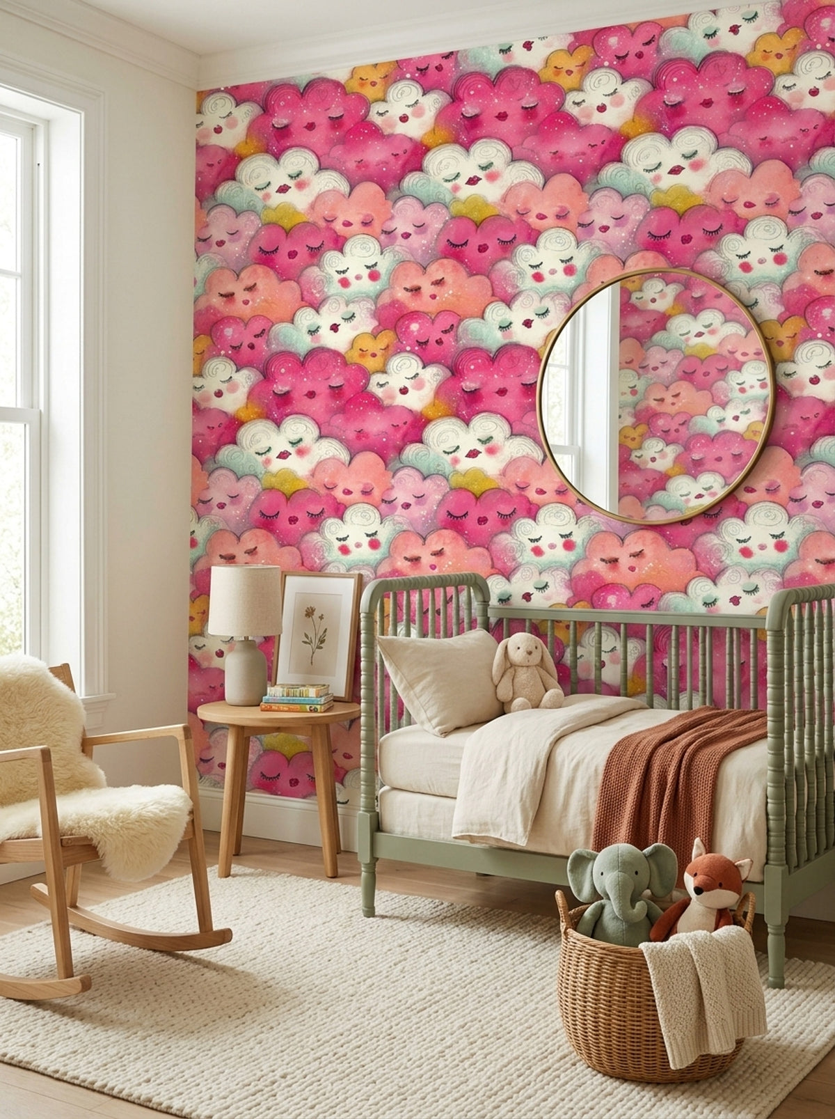 Whimsical Clouds Wallpaper Sleeping Faces Watercolor Removable Wall Decor