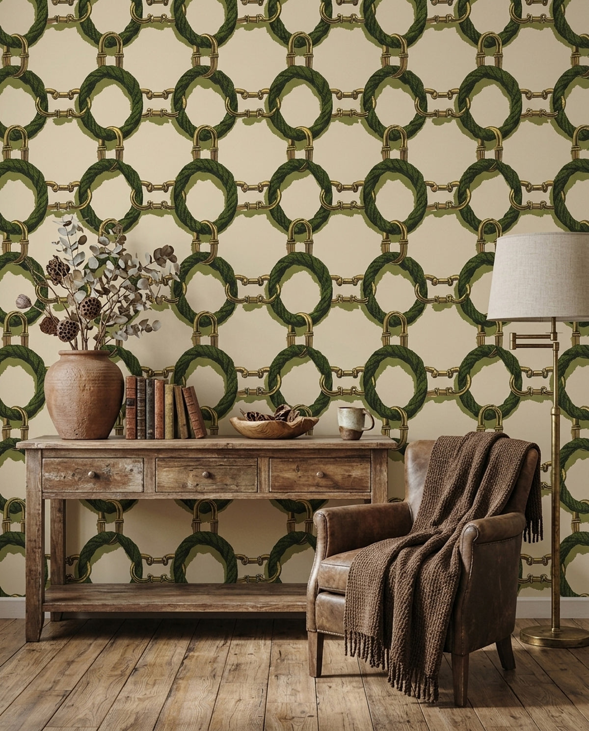Gold Chain Wallpaper Green Rope Removable Interlocking Wall Double Roll