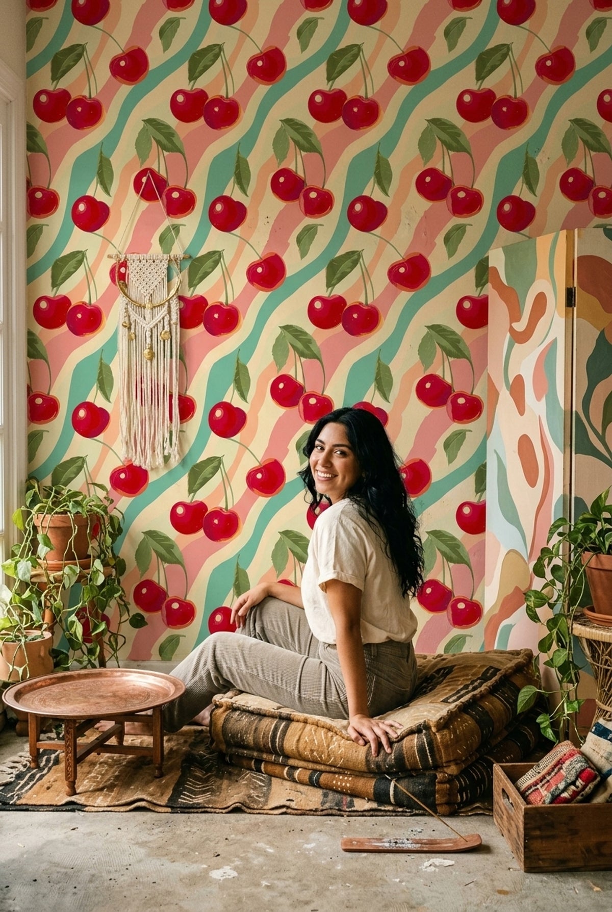 Fruit Wallpaper Cherries Retro Removable Wall Decor