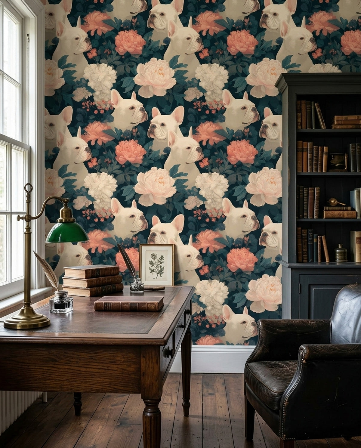 French Bulldog Wallpaper Floral Removable Botanical Wall Double Roll