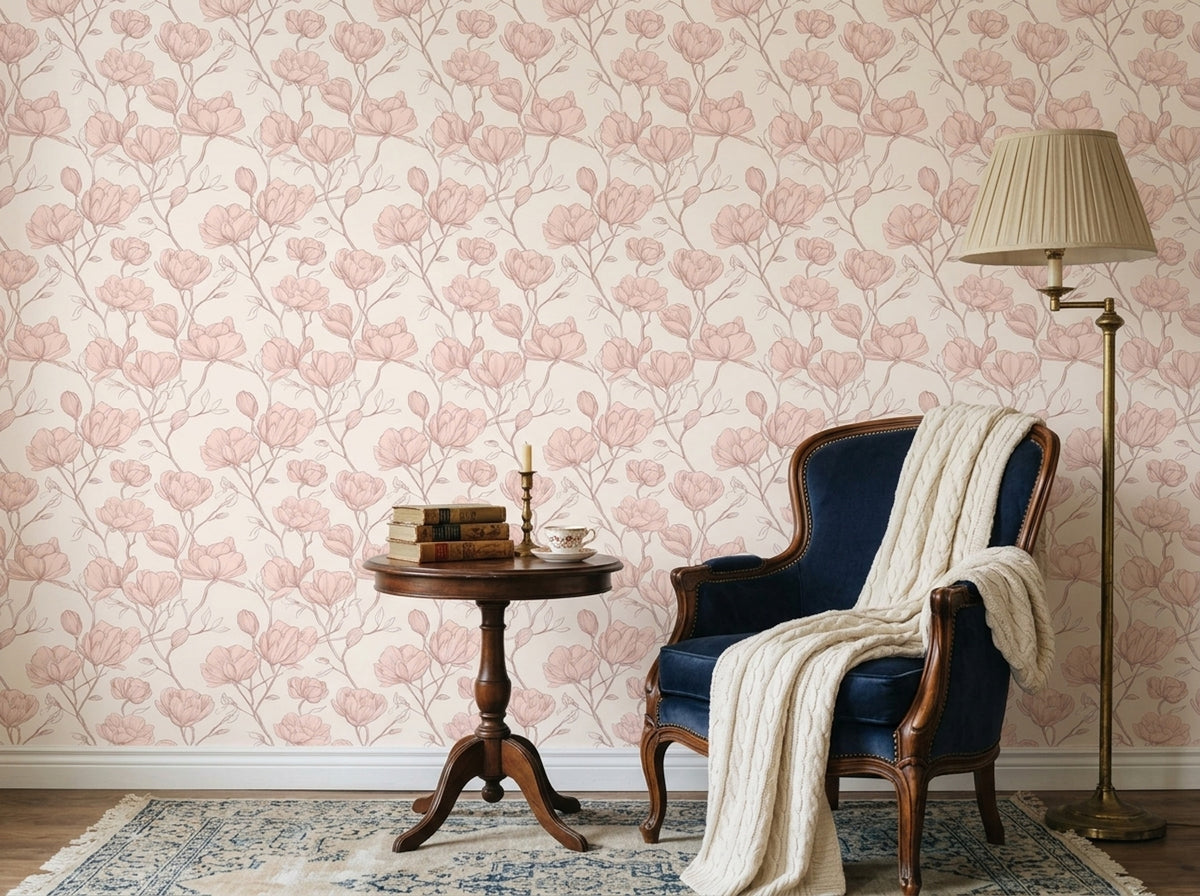Magnolia Wallpaper Botanical Pink Decorative Mural