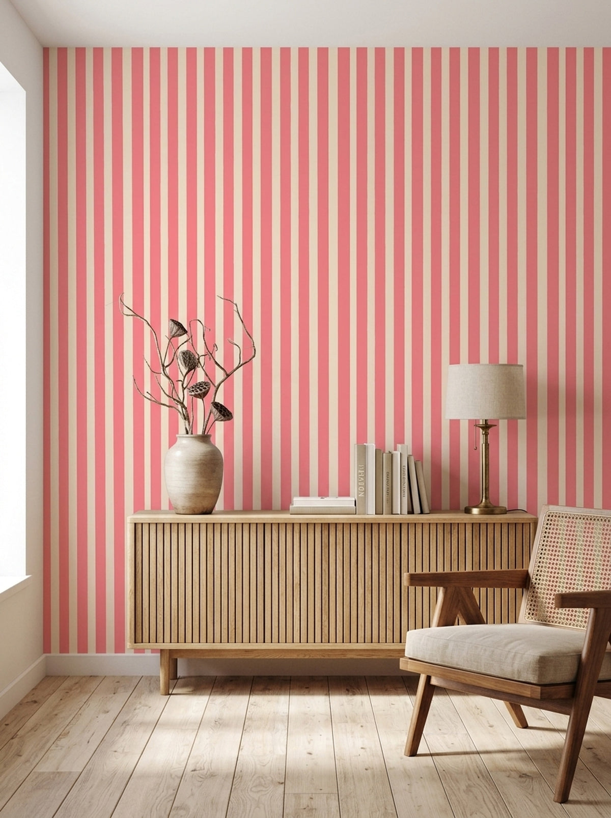 Vertical Stripes Wallpaper Pink Removable Cream Wall Double Roll