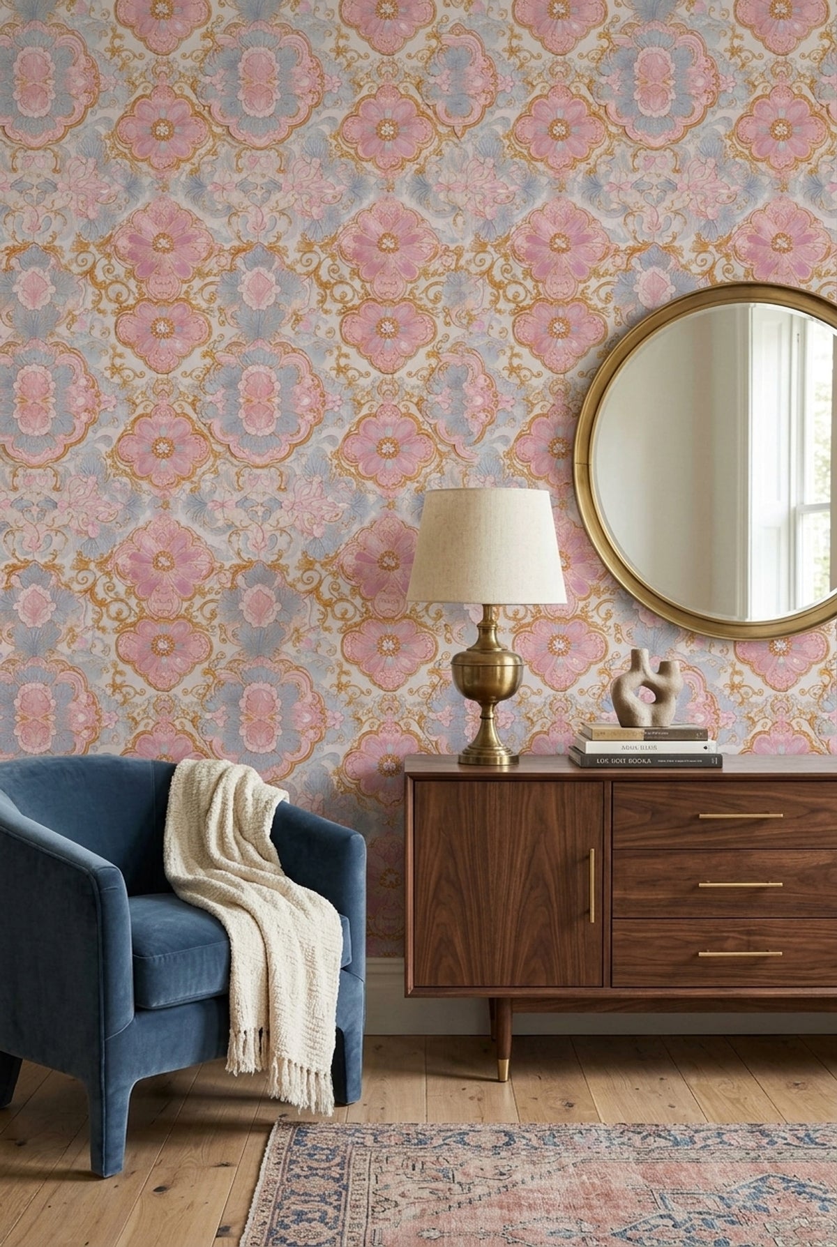 Floral Damask Wallpaper Gold Scrollwork Removable Baroque Wall Double Roll