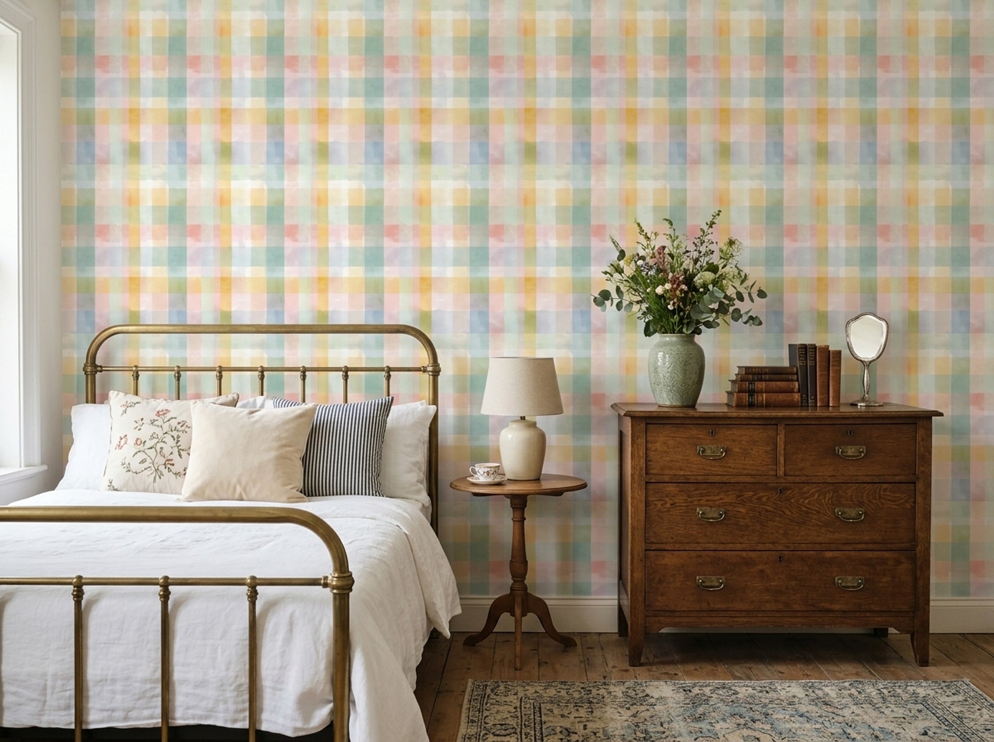 Pastel Plaid Wallpaper Checkered Watercolor Decorative Mural