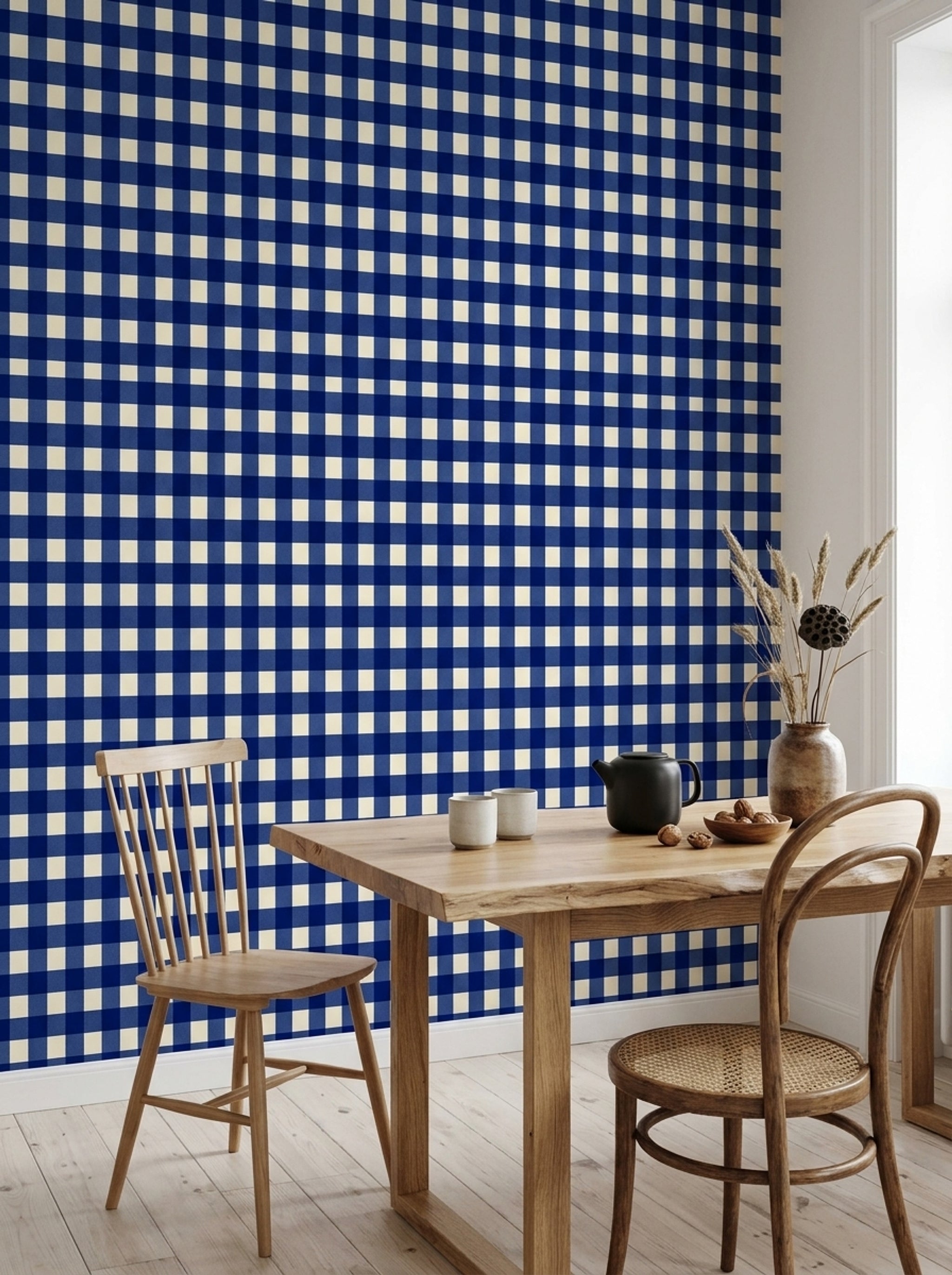 Blue Gingham Wallpaper Checkered Removable Plaid Textile Wall Double Roll