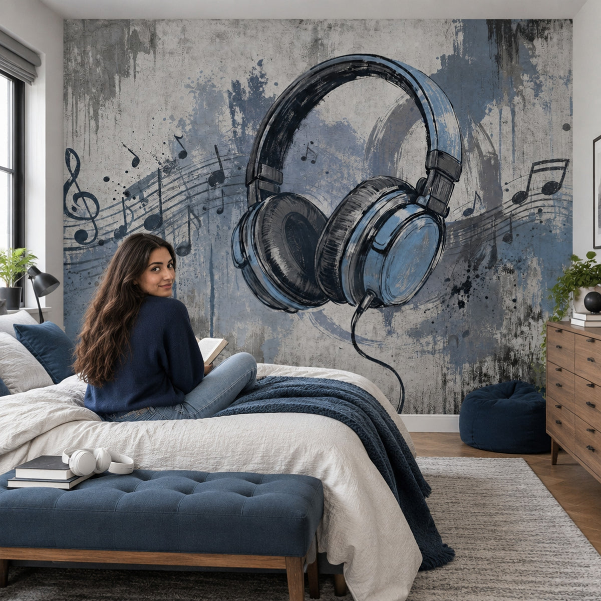 Graffiti Headphones Wallpaper Urban Music Notes Wall Mural