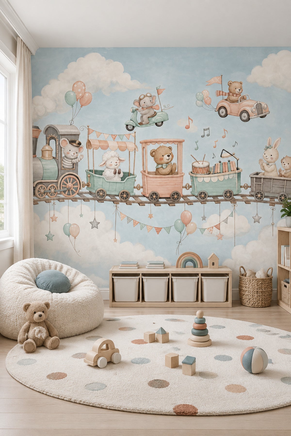 Watercolor Animal Train Wallpaper Pastel Nursery Wall Mural