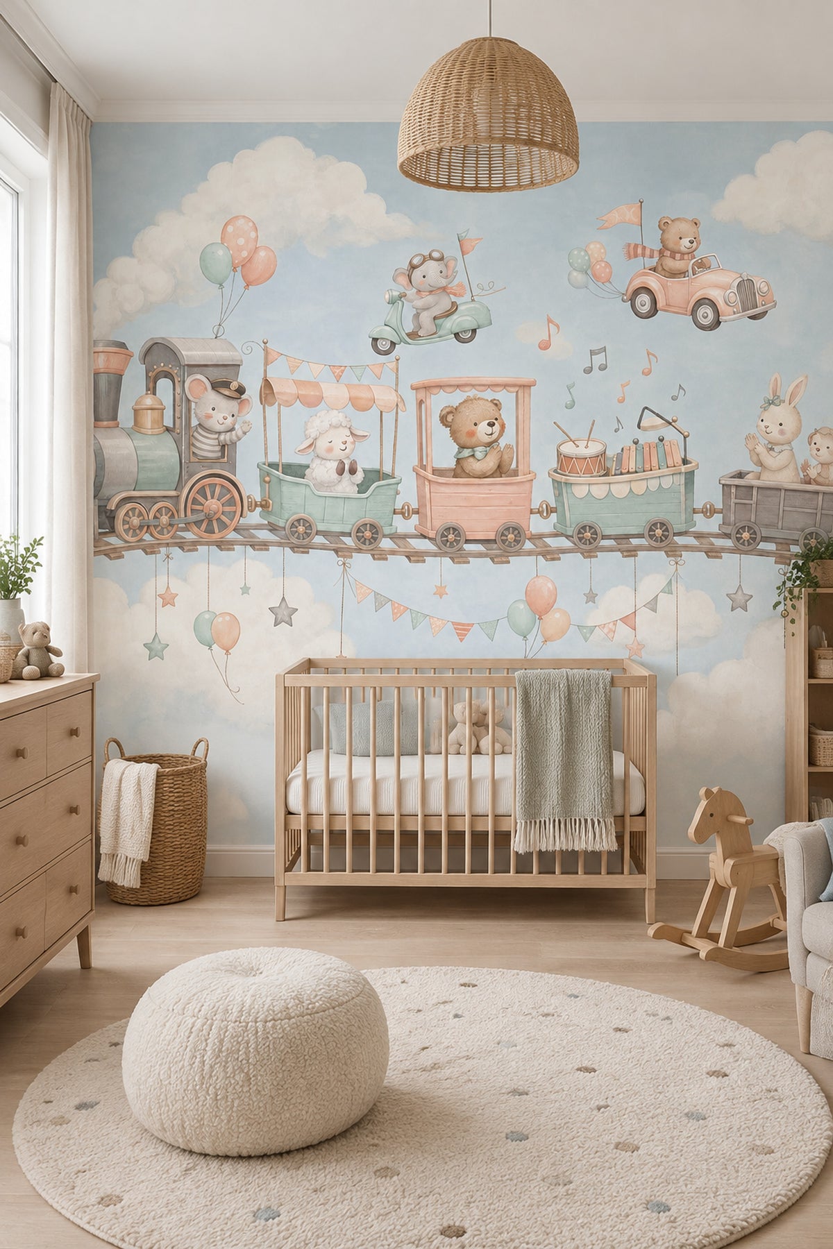 Watercolor Animal Train Wallpaper Pastel Nursery Wall Mural