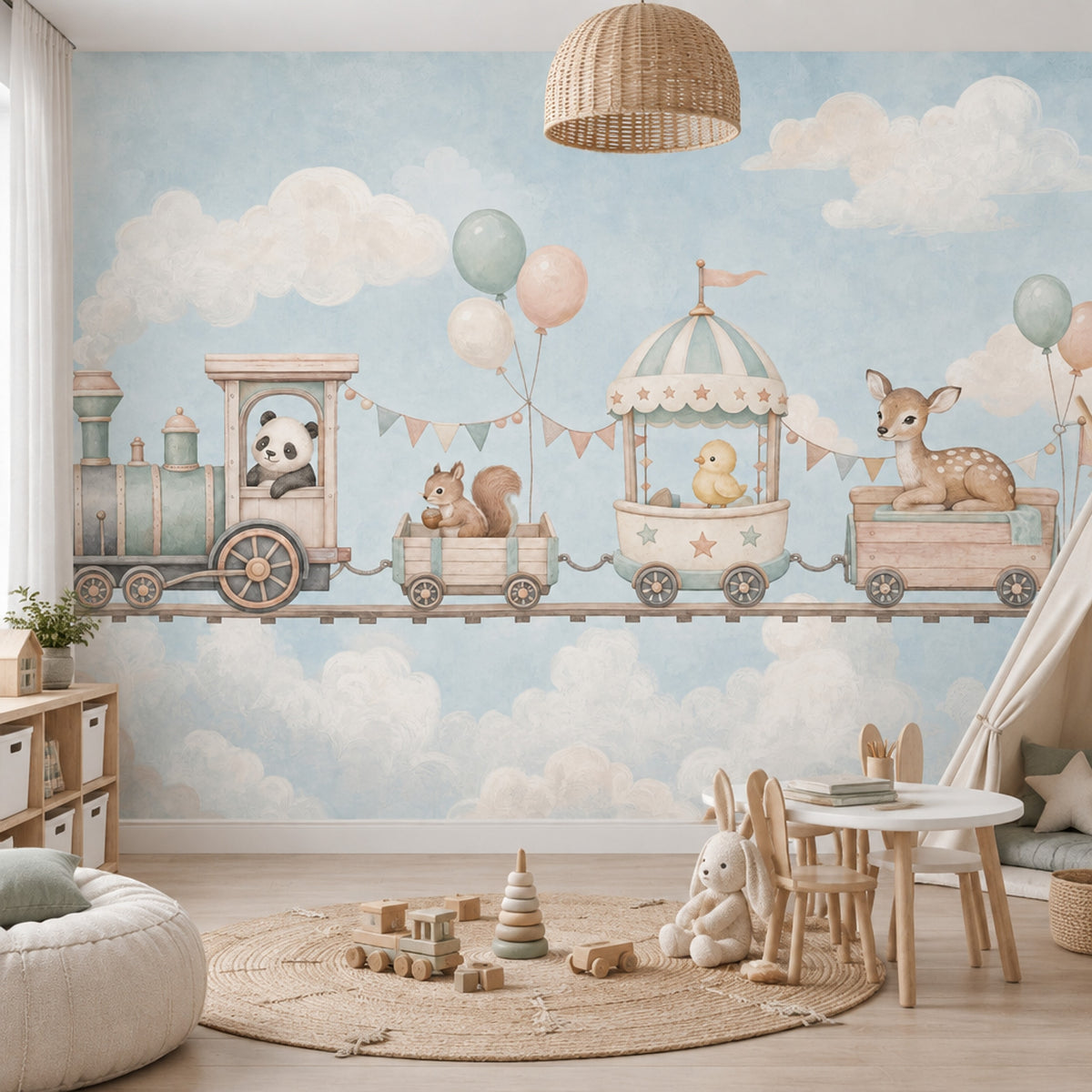 Pastel Toy Train Wallpaper Cloudy Sky Wall Mural