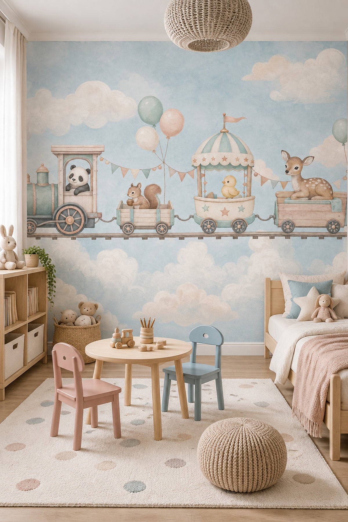 Pastel Toy Train Wallpaper Cloudy Sky Wall Mural