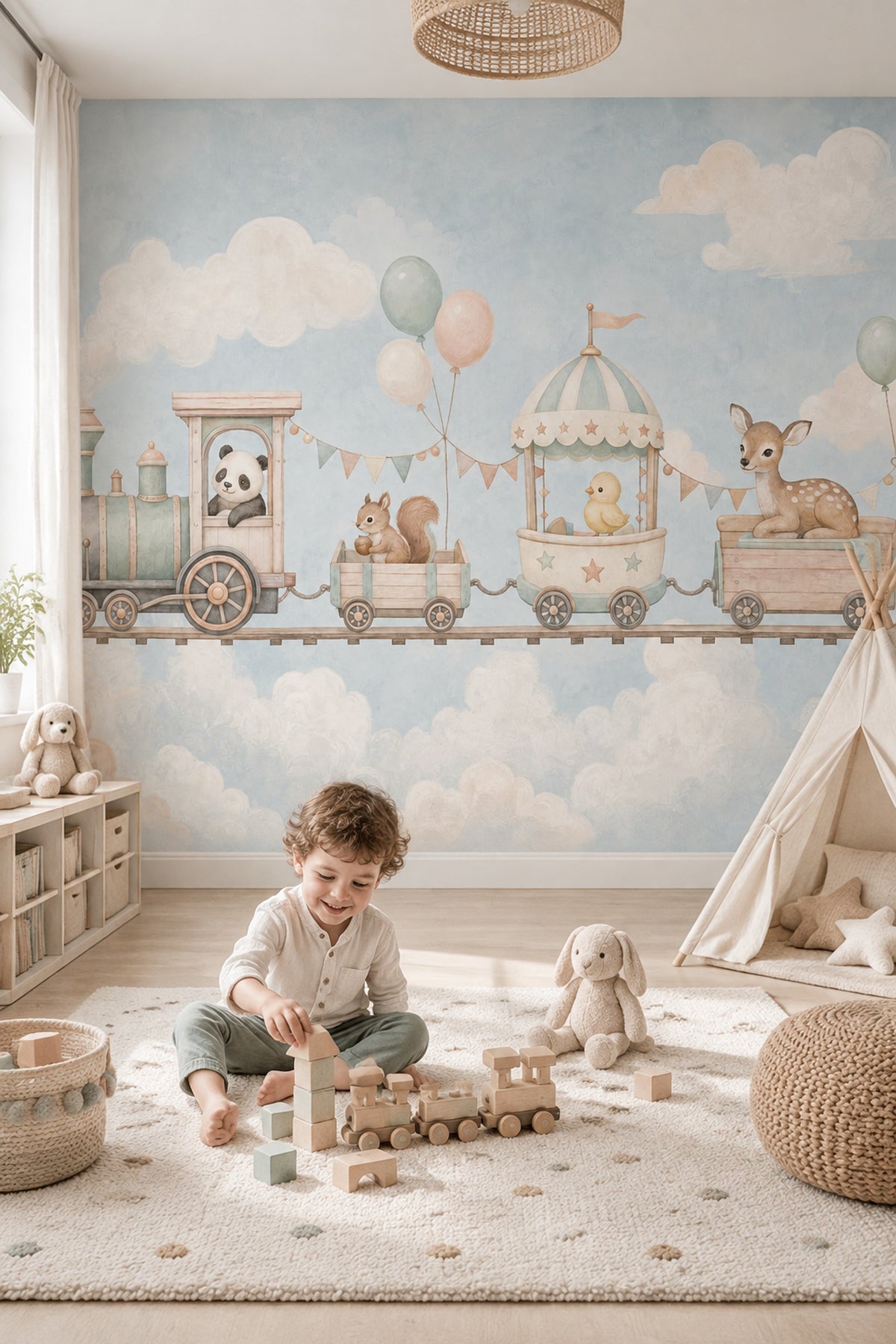 Pastel Toy Train Wallpaper Cloudy Sky Wall Mural