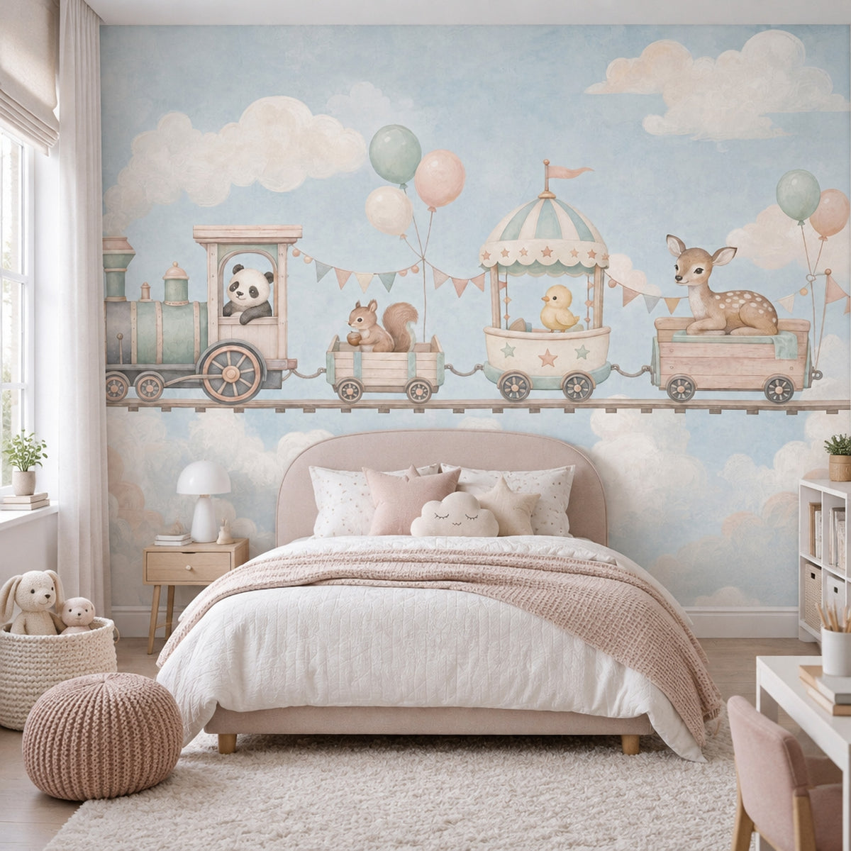 Pastel Toy Train Wallpaper Cloudy Sky Wall Mural
