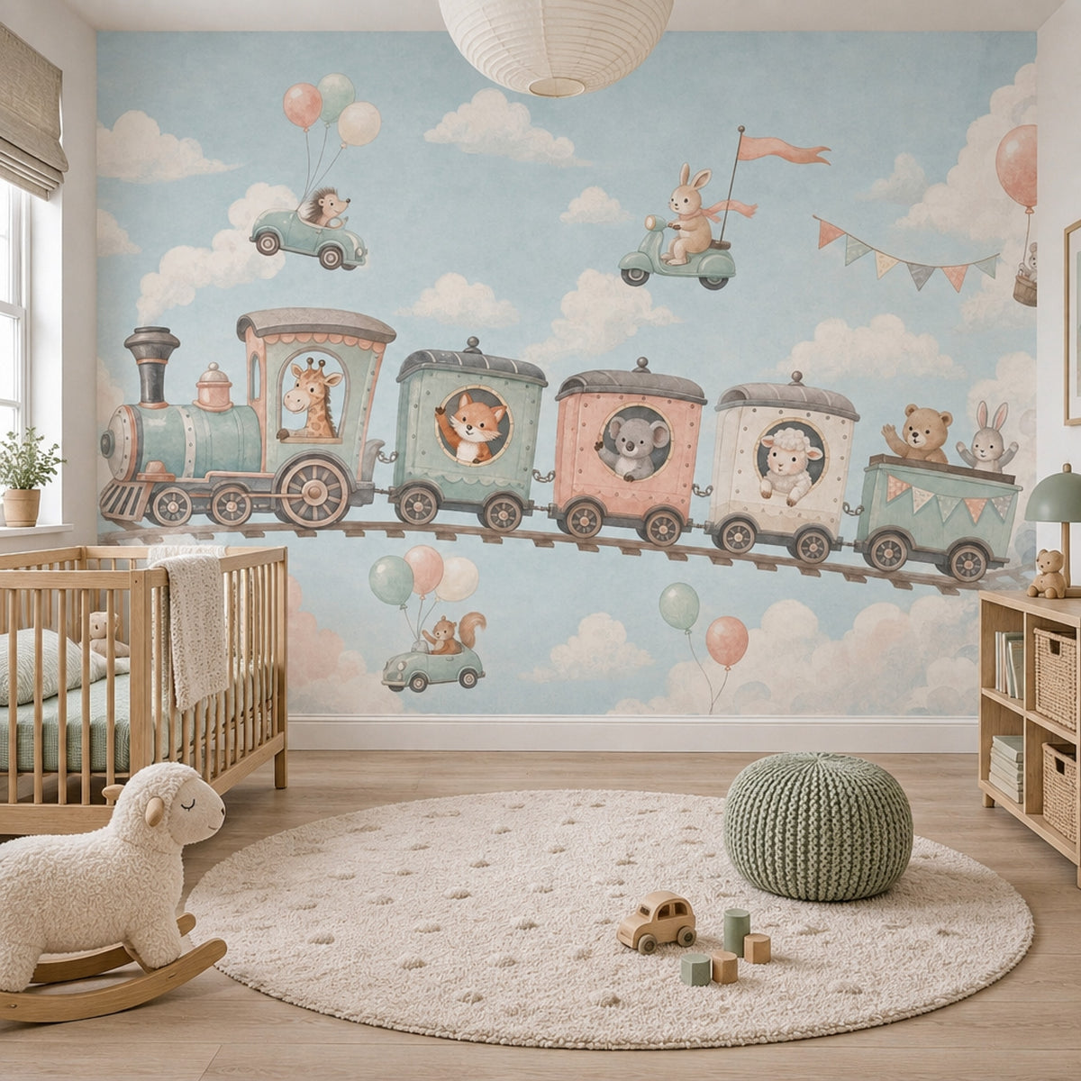 Watercolor Train Wallpaper Pastel Nursery Animals Wall Mural