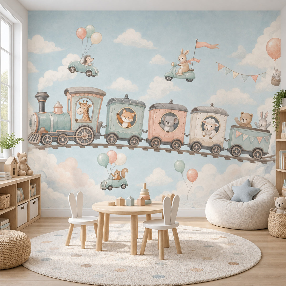 Watercolor Train Wallpaper Pastel Nursery Animals Wall Mural
