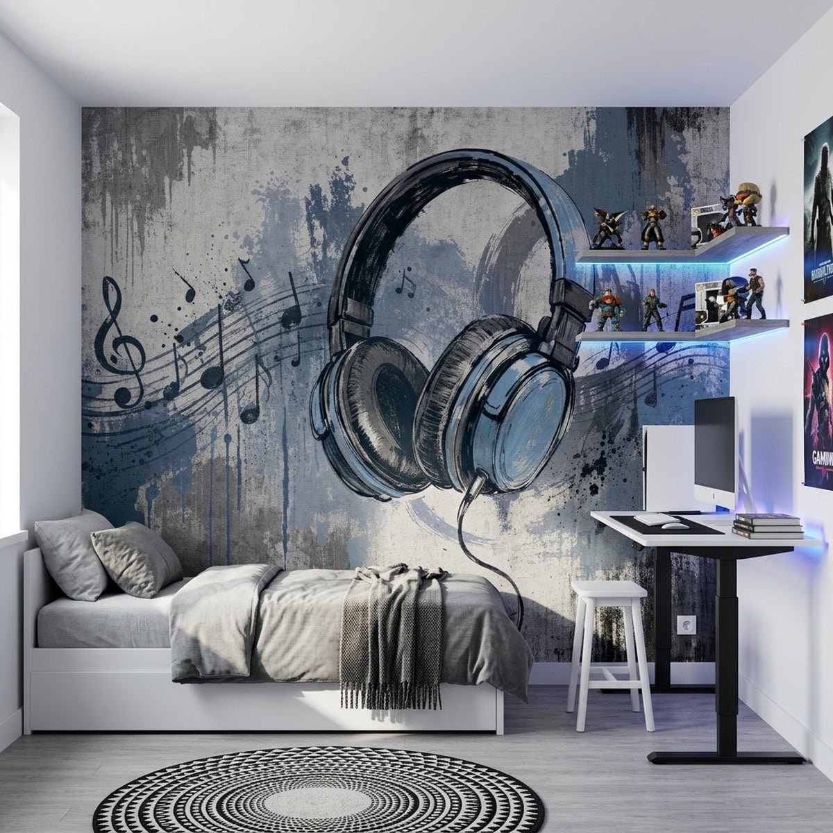 Graffiti Headphones Wallpaper Urban Music Notes Wall Mural