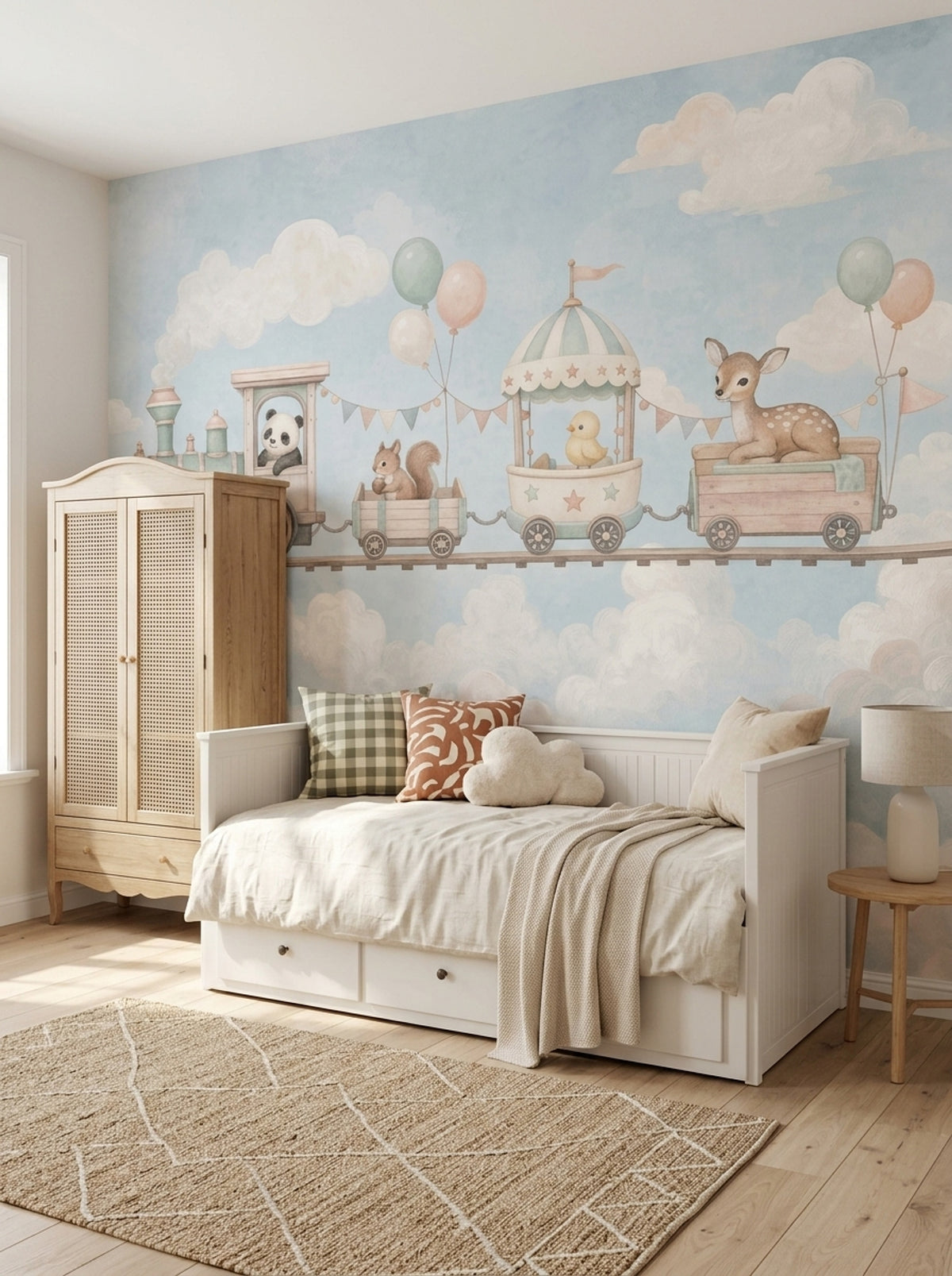 Pastel Toy Train Wallpaper Cloudy Sky Wall Mural