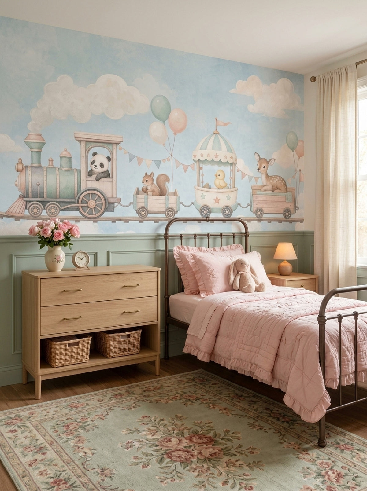 Pastel Toy Train Wallpaper Cloudy Sky Wall Mural