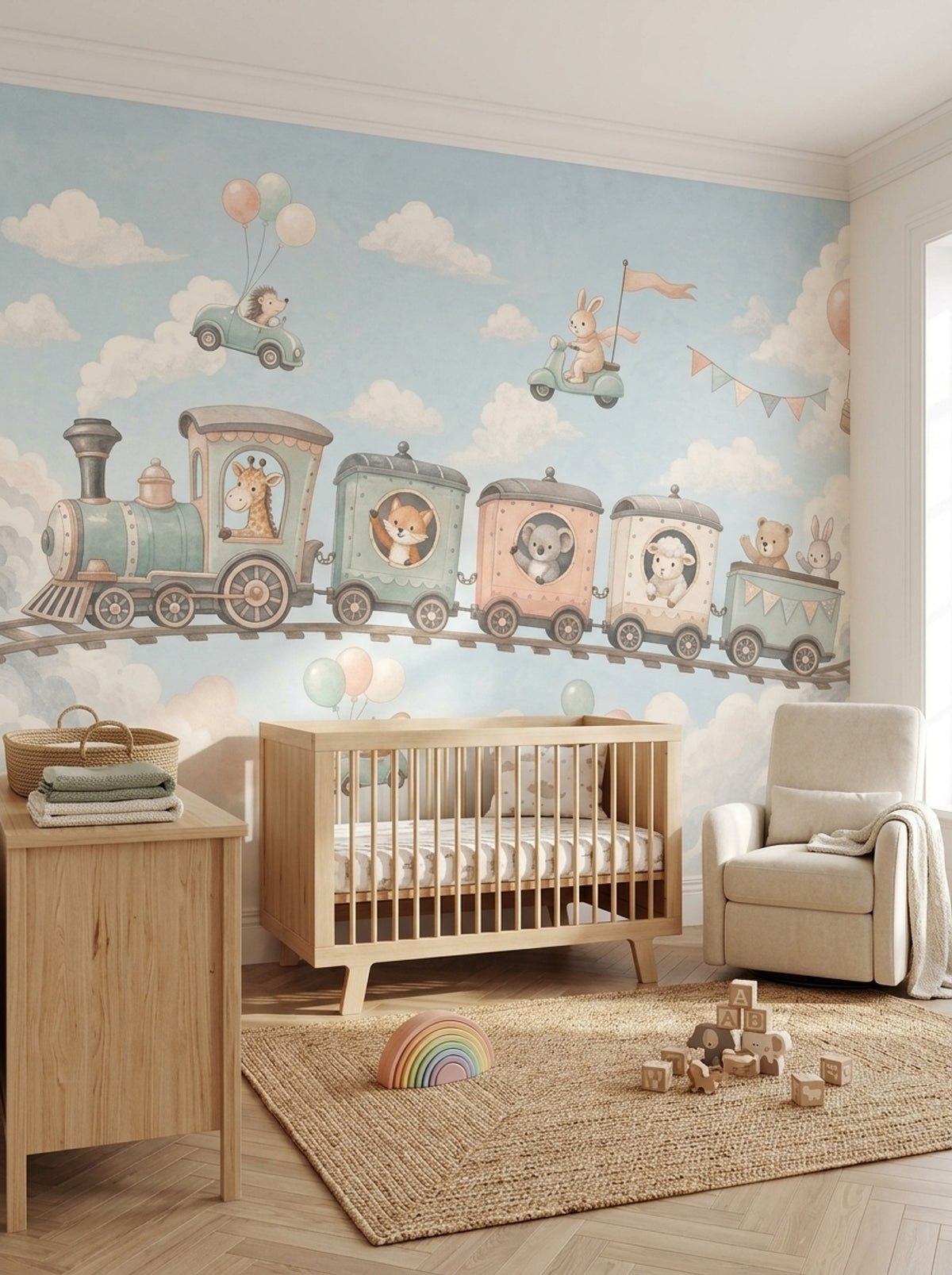 Watercolor Train Wallpaper Pastel Nursery Animals Wall Mural