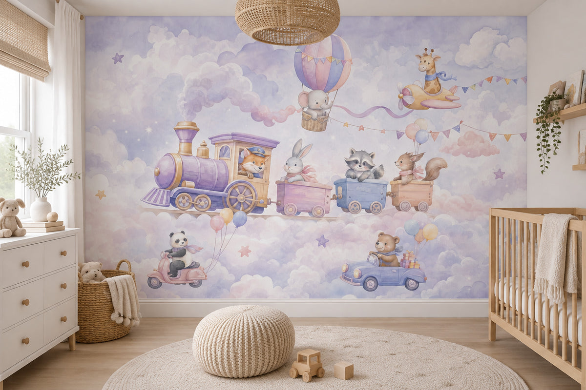 Pastel Animal Train Wallpaper Watercolor Nursery Wall Mural