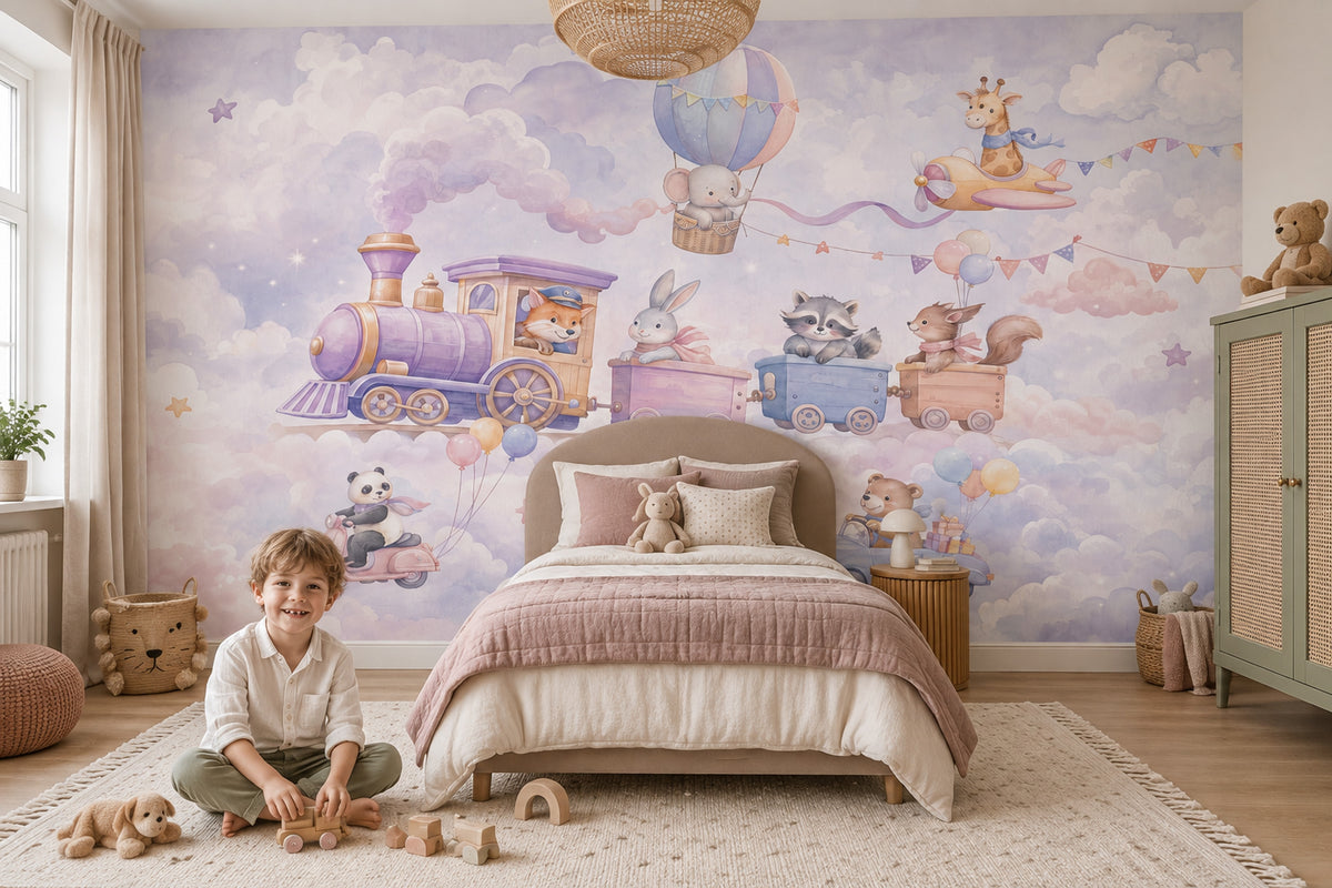Pastel Animal Train Wallpaper Watercolor Nursery Wall Mural