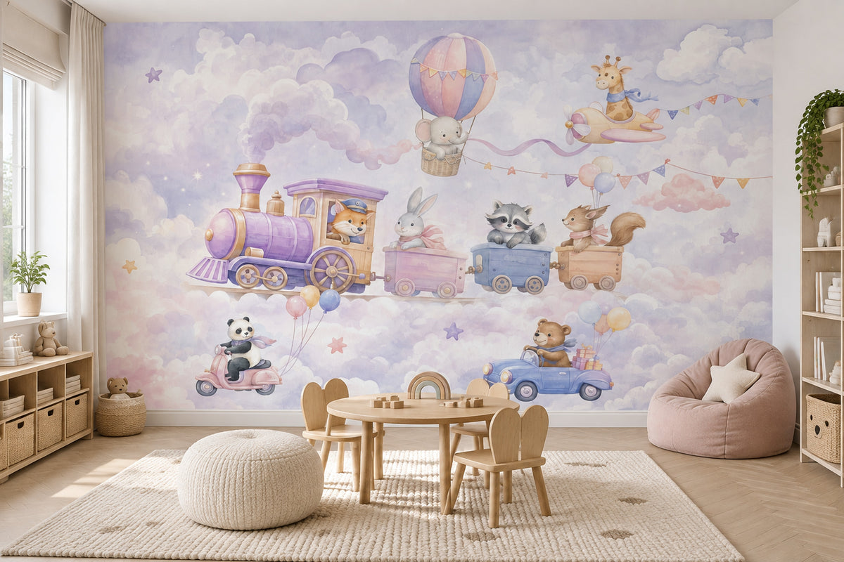 Pastel Animal Train Wallpaper Watercolor Nursery Wall Mural