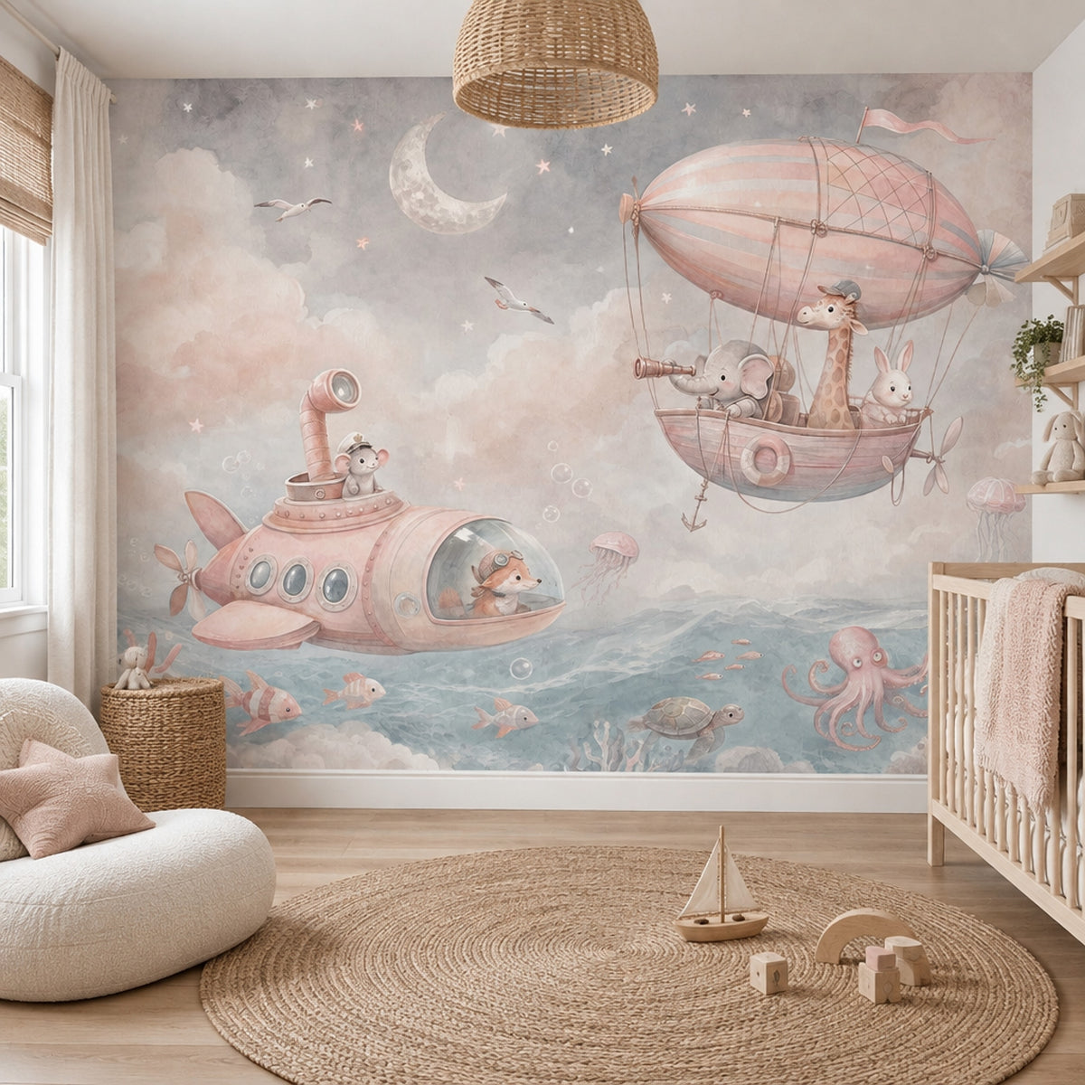 Whimsical Airship Animals Wallpaper Pastel Coastal Wall Mural