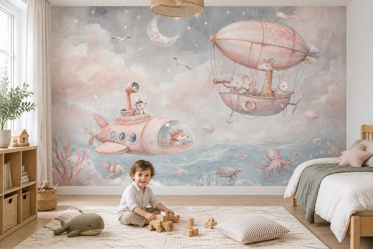 Whimsical Airship Animals Wallpaper Pastel Coastal Wall Mural