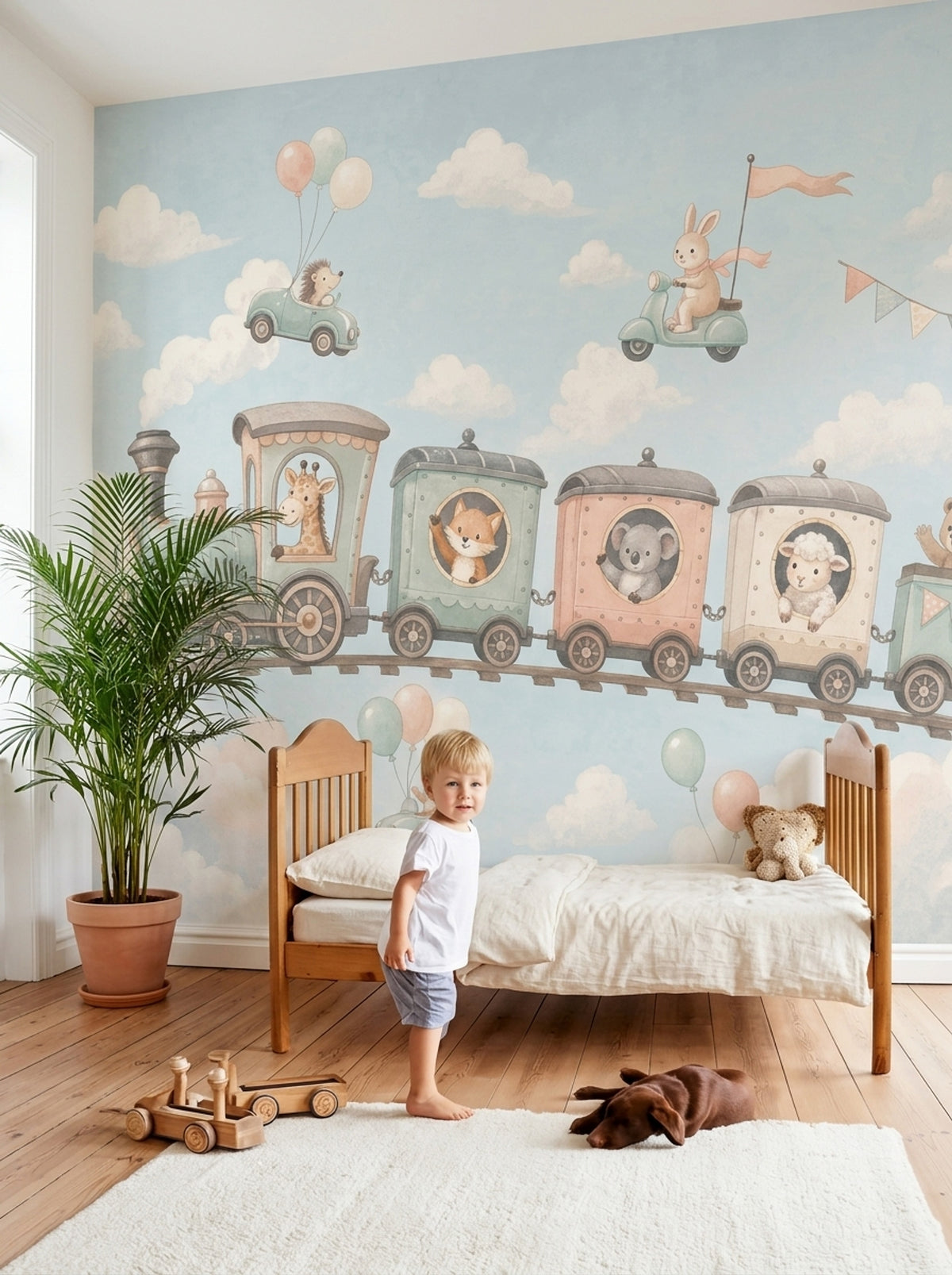 Watercolor Train Wallpaper Pastel Nursery Animals Wall Mural