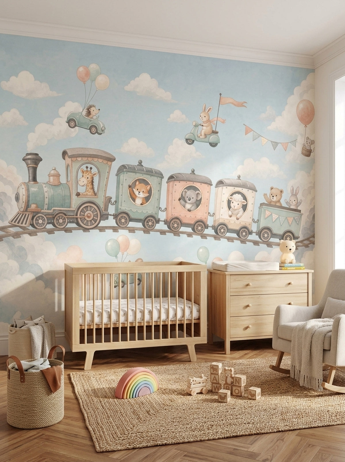 Watercolor Train Wallpaper Pastel Nursery Animals Wall Mural